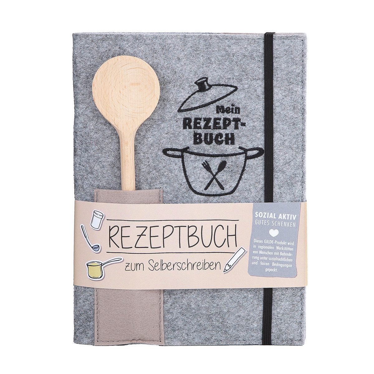 GILDE Notizbuch MEIN REZEPTBUCH zum Selberschreiben A5 - Rezepte zum Backen Kochen, Rezepte Buch in Filz Einband mit Holz Kochlöffel