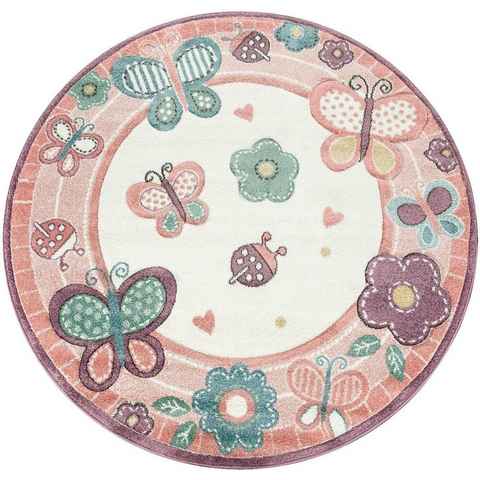 Kinderteppich Volta 317, Paco Home, rund, Höhe: 16 mm, Kurzflor, niedliches Kinder Design, Motiv Schmetterlinge, Pastell