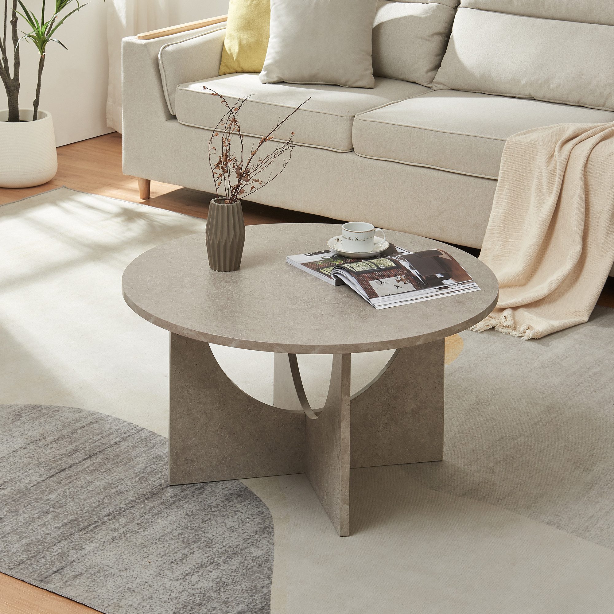 en.casa Couchtisch, »Rindal« rund 80 x 42 cm Betonoptik, hell