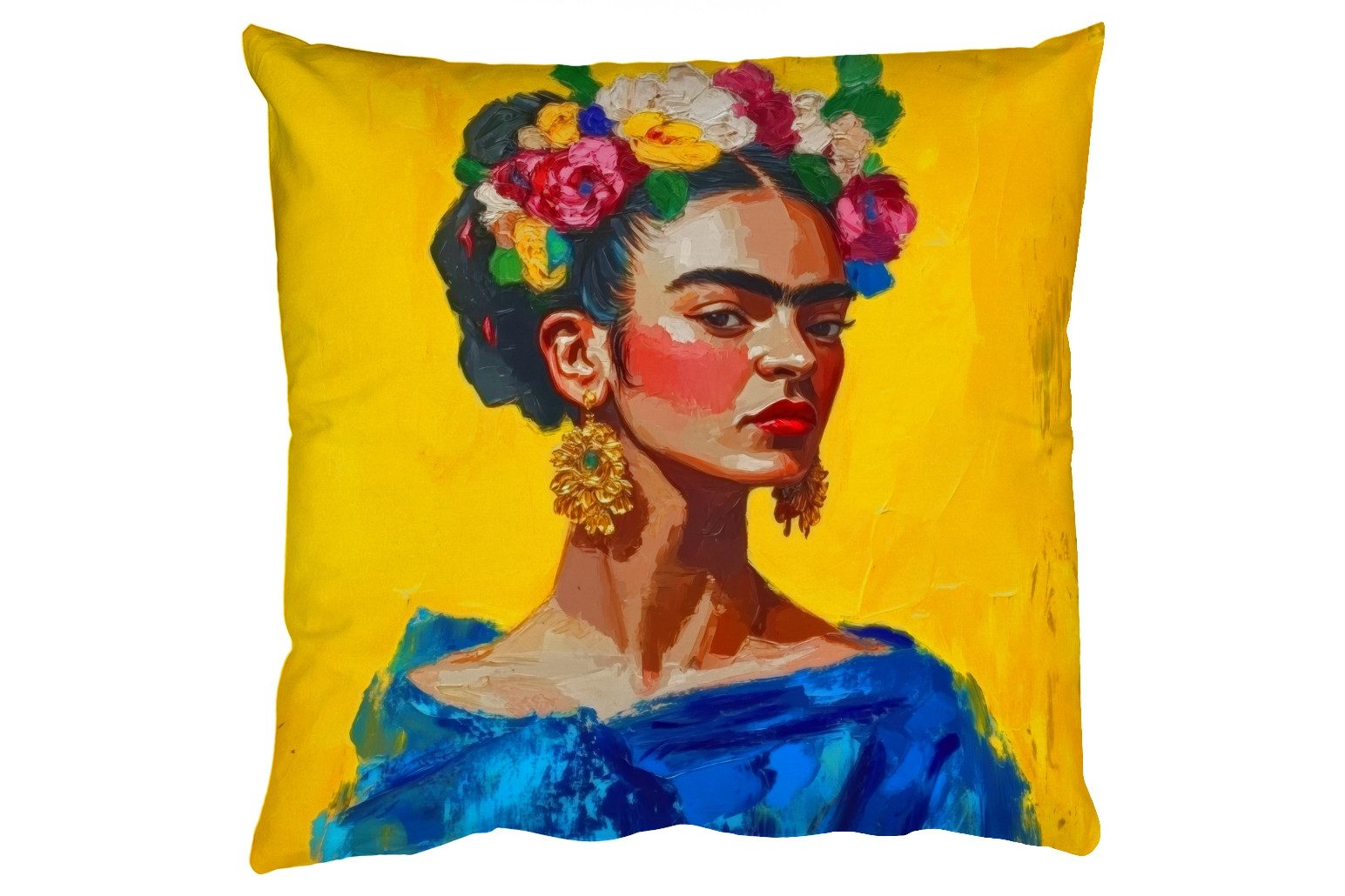 MuchoWow Dekokissen Frida Kahlo - Frau - Gelb - Blau - Blumen, Zierkissen mit Füllung für Wohnzimmer, Sofakissen, 40x40 cm