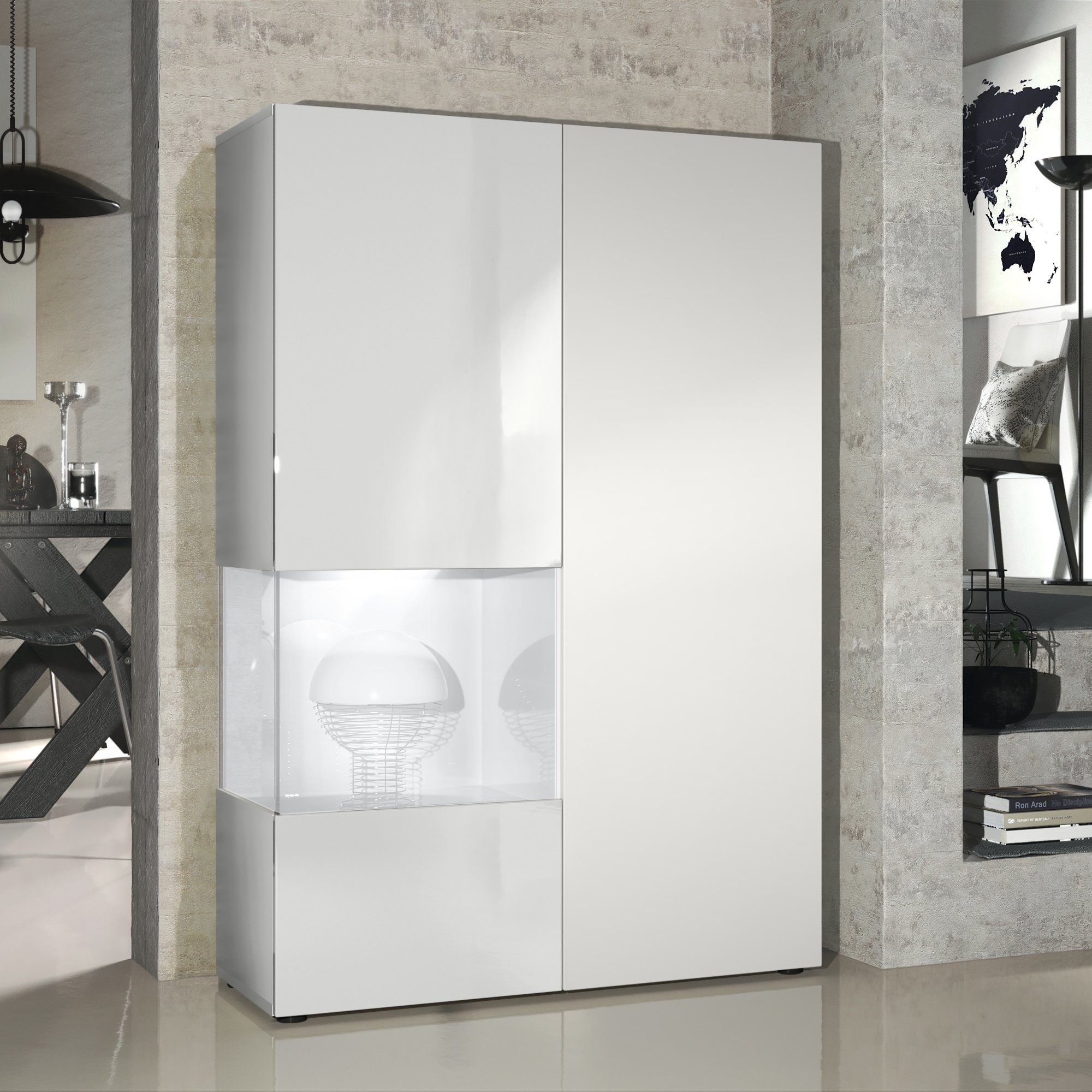 Vladon Standvitrine Morena (Standvitrine, mit 2 Türen dahinter ingesamt 7 Fächer) Weiß matt/Weiß glänzend/Weiß matt inkl. LED-Beleuchtung (92x135x37 cm)