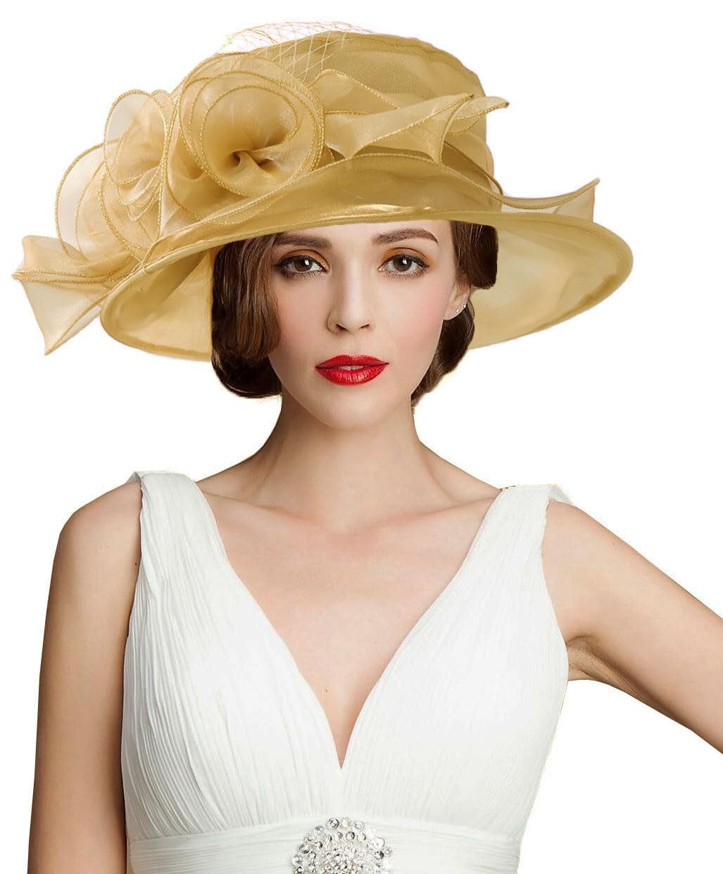 Bwecuy Sonnenhut Damenhut mit breiter Krempe, Blumen- und Blattdekor ideal für Hochzeit, Kirche und Tea Party – Bild 2 von 5