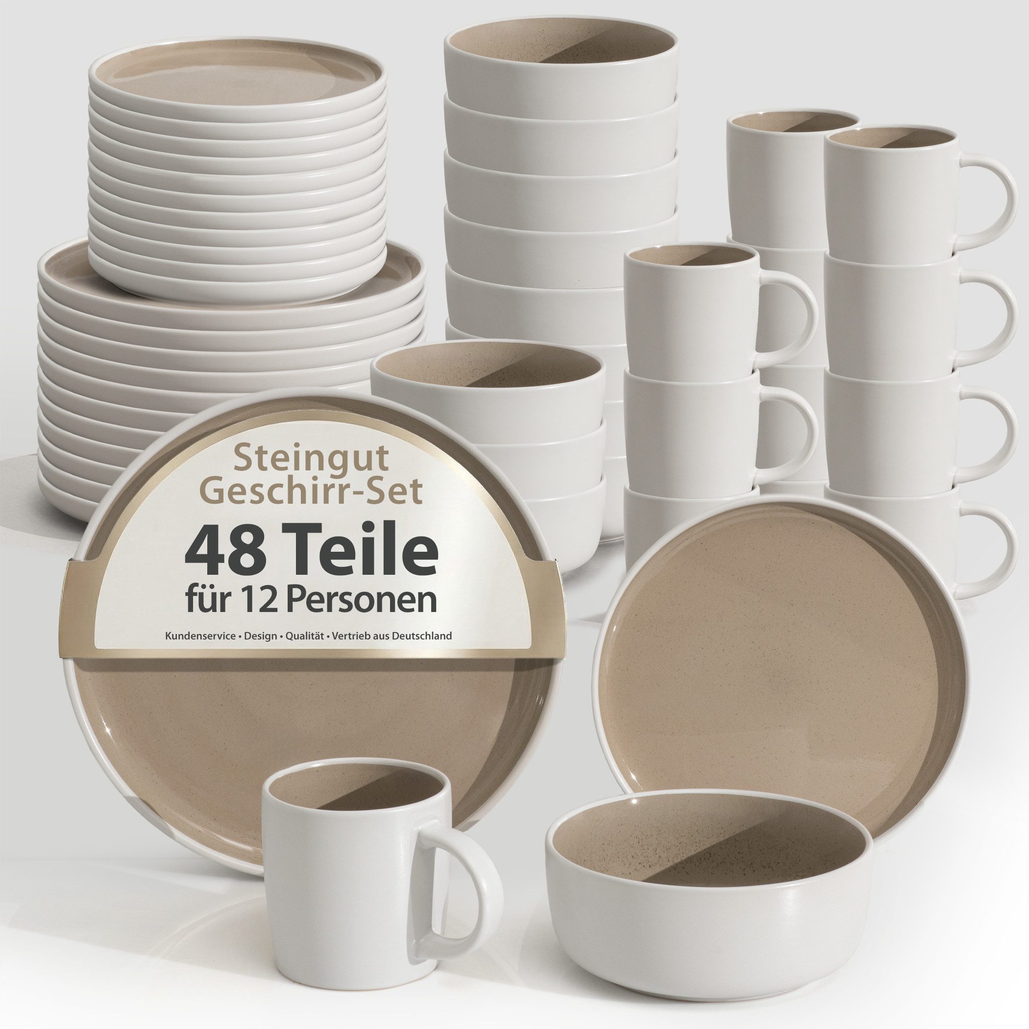 Hausfelder Geschirr-Set Steingut Geschirrset 12 Personen, 48teilig, Shadow Stone (48-tlg), 12 Personen, Steinzeug, spülmaschinen- & mikrowellengeeignet, Reaktivglasur