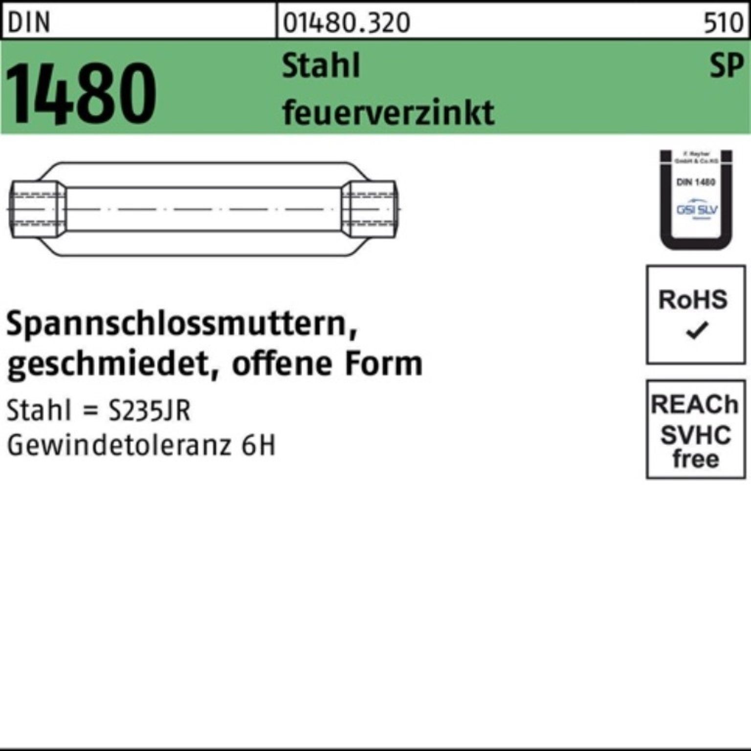 Reyher Spannschloss 100er Pack 001480002040240000 Spannschlossmutter DIN 1480 offen SP M 2