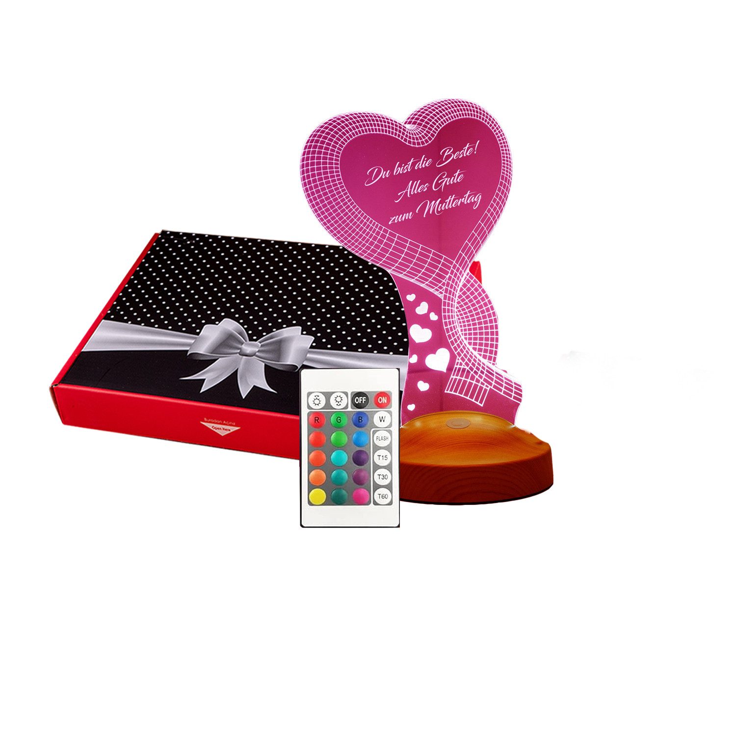 Geschenkelampe LED Nachttischlampe Ein Herz 3D Gravur mehrfarbiges Muttertagsgeschenk, Leuchte 7 Farben fest integriert, Geschenk für Muttertag, Mama, Frau, mutter