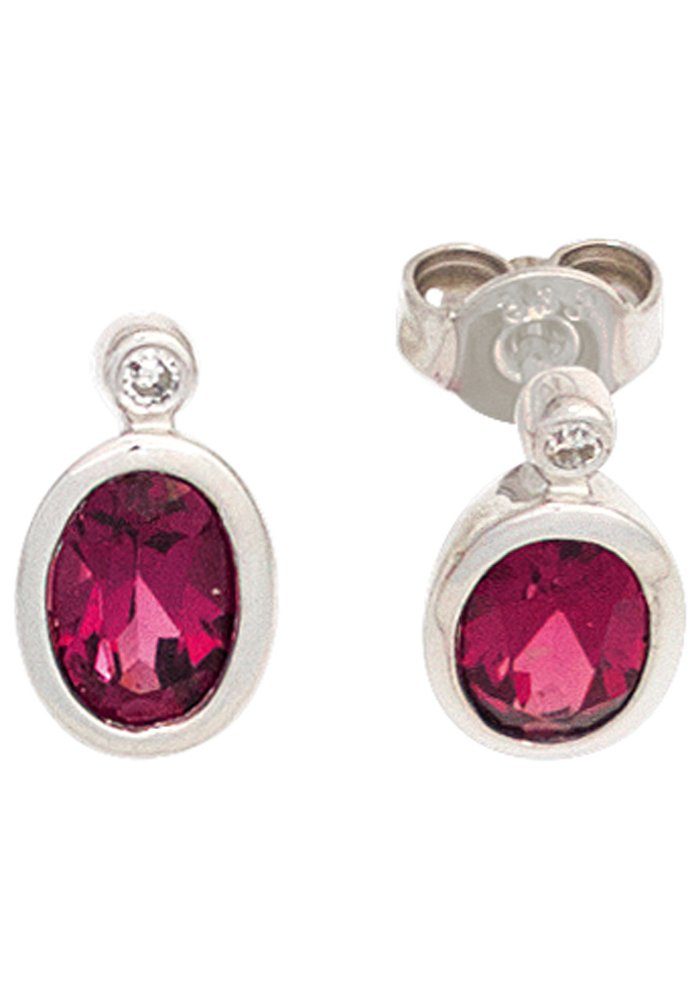 JOBO Paar Ohrstecker Ohrringe Weißgoldohrringe oval rot, 585 Weißgold mit Turmalin und 2 Diamanten