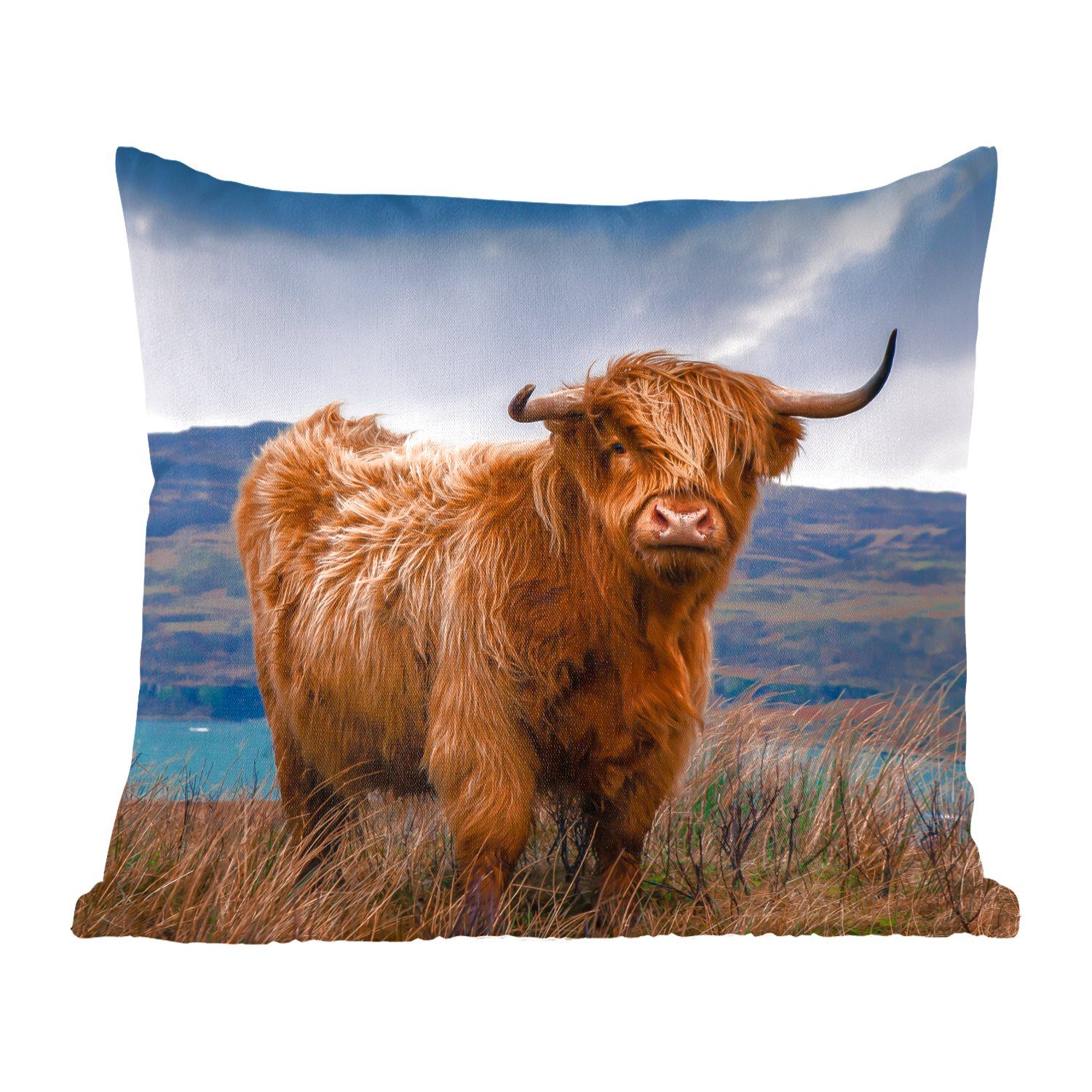 MuchoWow Dekokissen Schottischer Highlander - Berg - Wasser - Natur - Kuh, Zierkissen mit Füllung für Wohzimmer, Schlafzimmer, Deko, Sofakissen