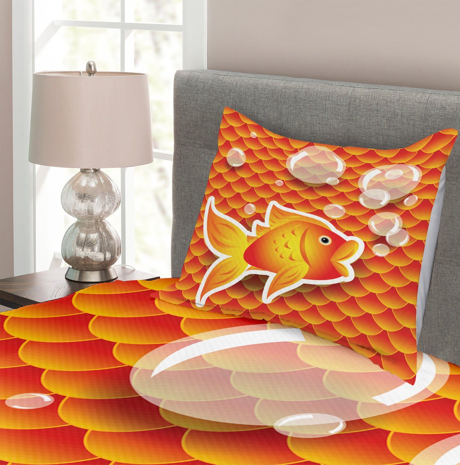 Orange Blase Goldfish Set Cartoon Waschbar, mit Tagesdecke Kissenbezügen Abakuhaus,