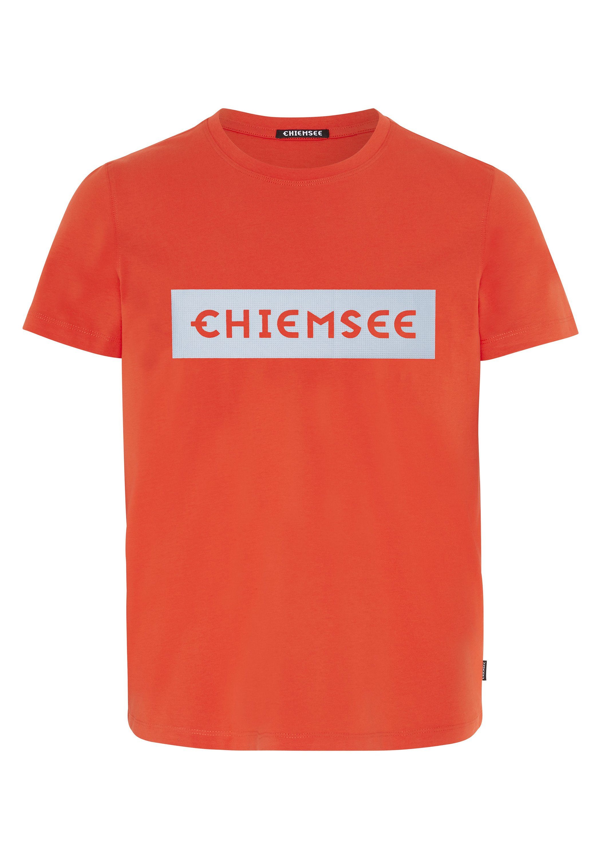 1 T-Shirt Print-Shirt Markenschriftzug plakativem Chiemsee mit