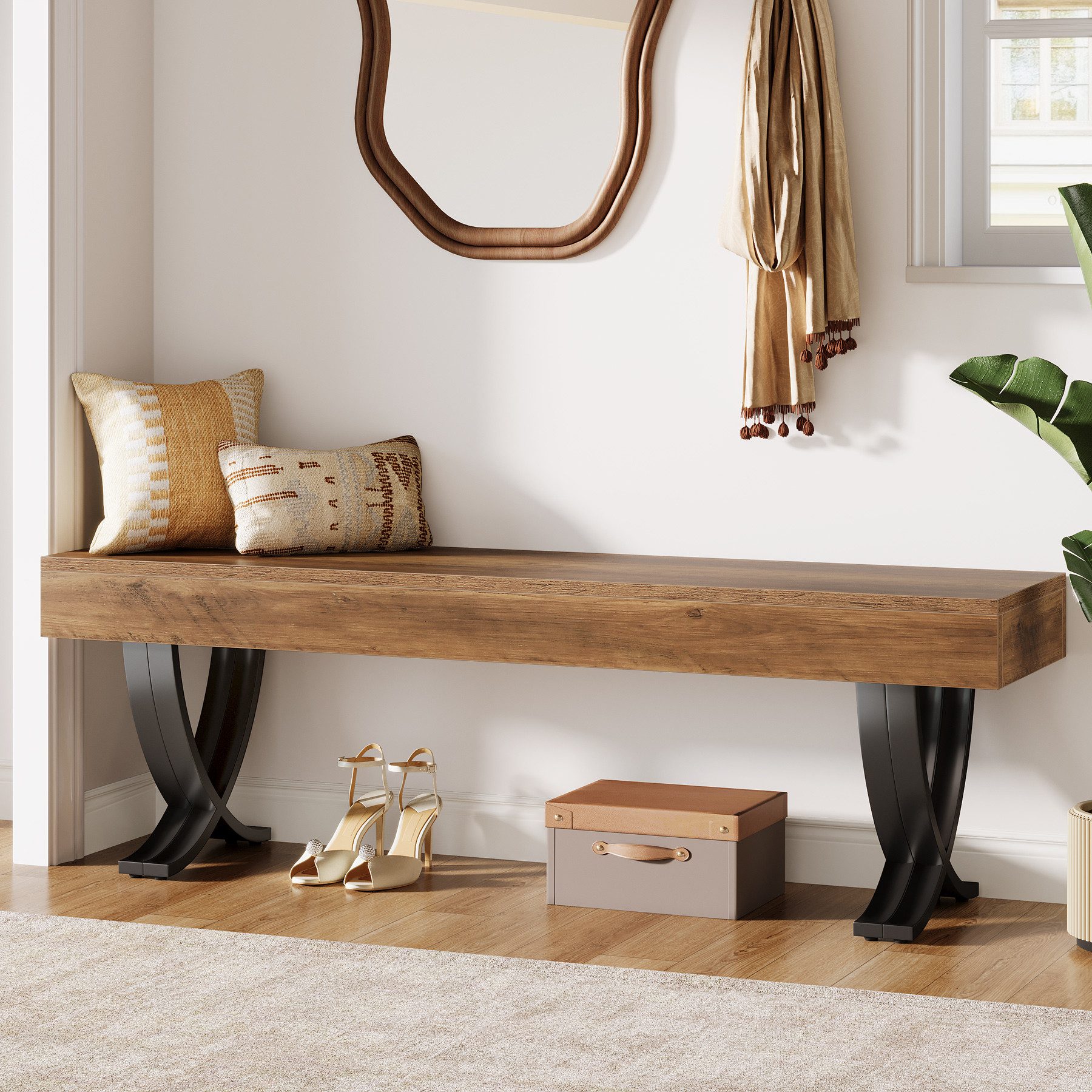 Tribesigns Schuhbank 140 cm Eingangsbank, Sitzbank aus Holz mit X-förmigen Metallbeinen (langer Betthocker, für Schlafzimmer, Wohnzimmer, Flur, Veranda)