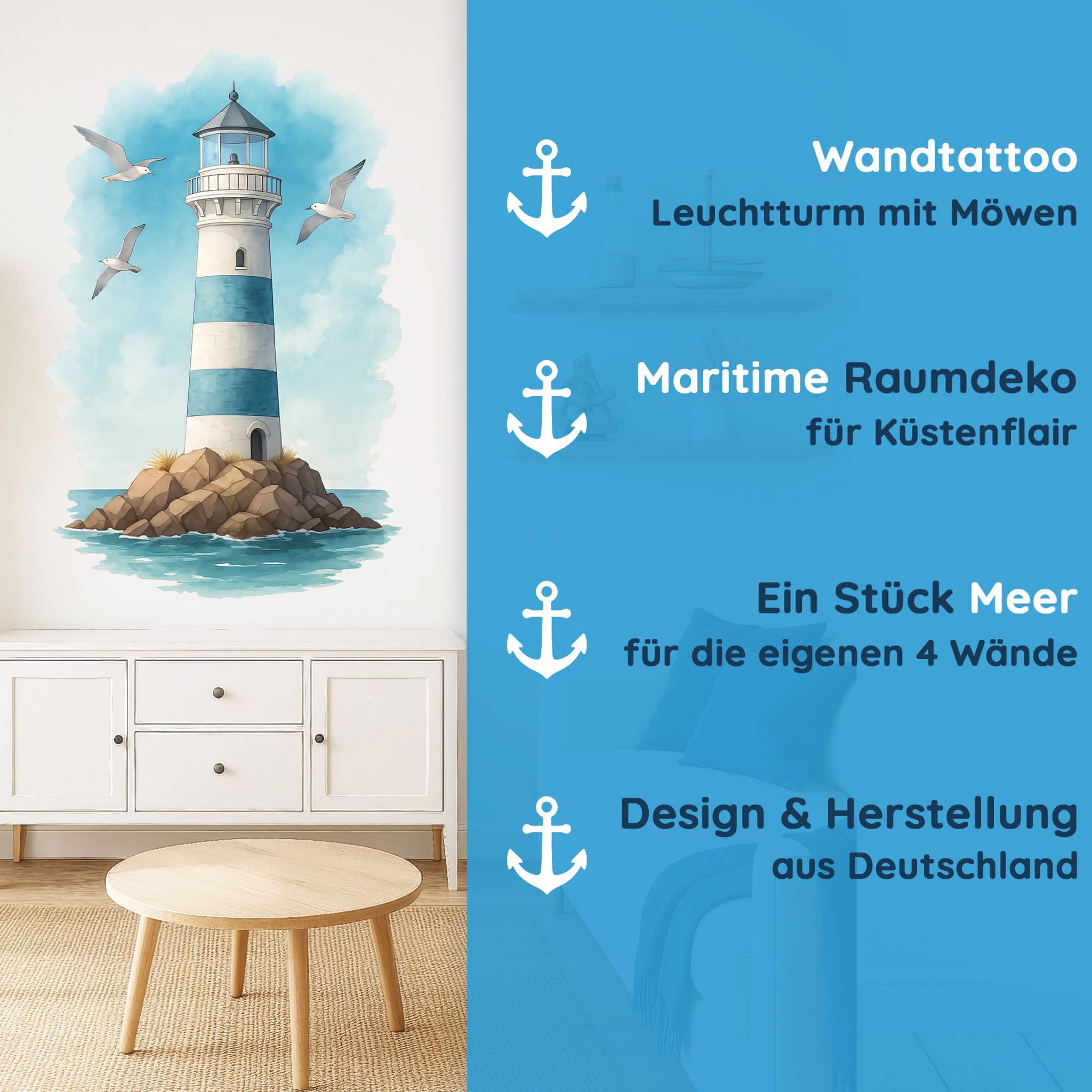 Sunnywall Wandtattoo Aufkleber Maritim Leuchtturm & Möwen – Aquarell blau-weiß, selbstklebend, konturgeschnitten, rückstandslos entfernbar – Bild 4 von 5