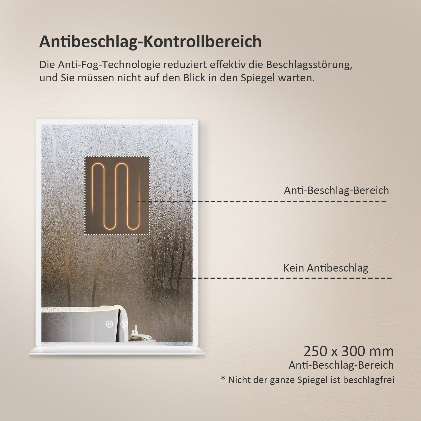 EMKE Badspiegel LED-Badspiegel mit beleuchteter Glasablage, Kaltweiß, dimmbar, Antibeschlag, Touch, Memory, IP44 50 × 70 cm – Bild 5 von 5