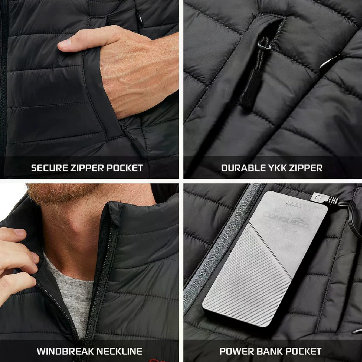 CONQUECO Arbeitsweste Beheizbare Steppweste – Ultraleicht Sofort Warm inkl Powerbank Inklusive leistungsstarker mAh Powerbank für bis zu 12 Stunden Wärme
