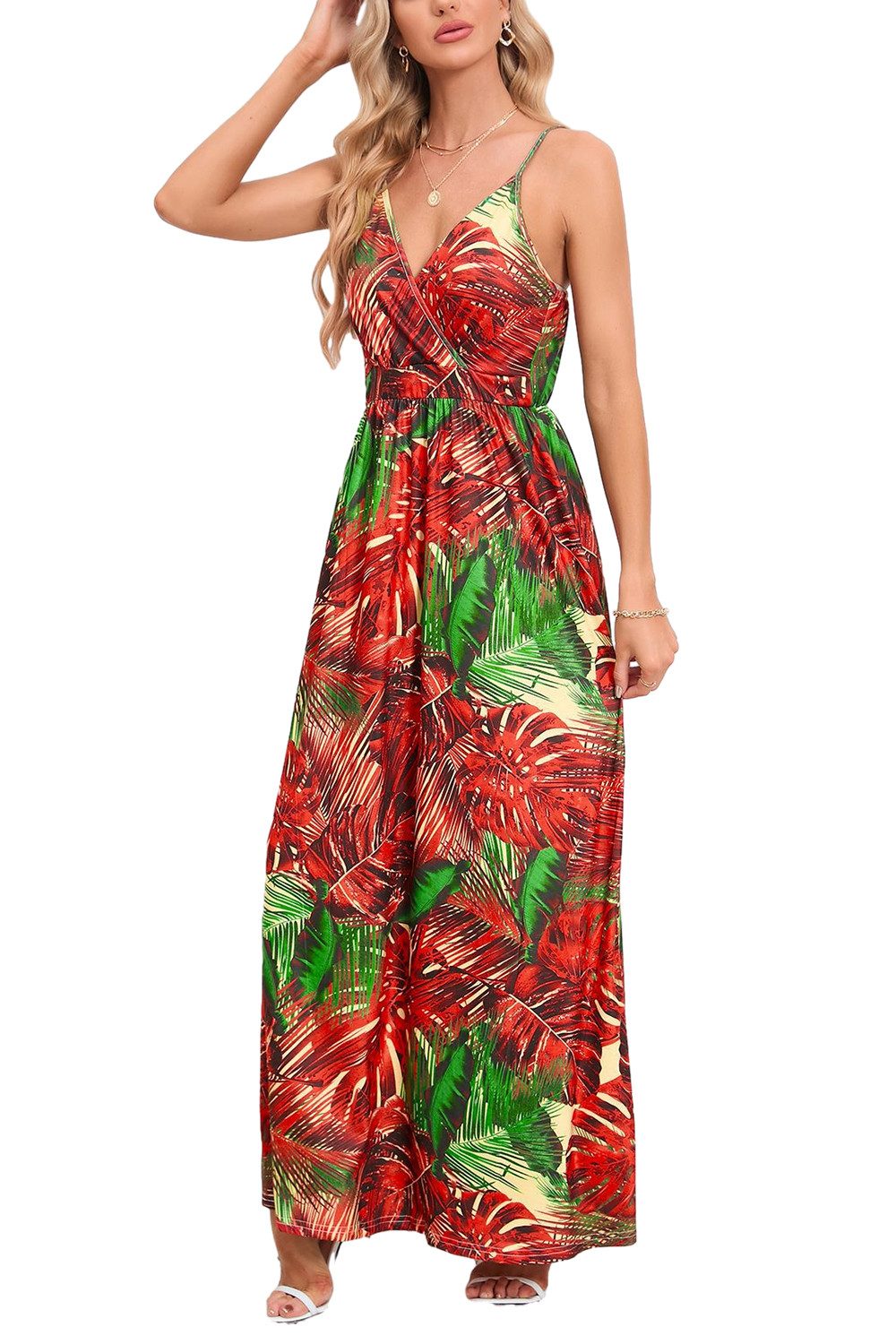 ENIX Strandkleid Damen Spaghettiträger Boho-V-Ausschnitt fließende Strandkleider Sommer-Lässiges für tropisches Blumenmuster lange Kleider