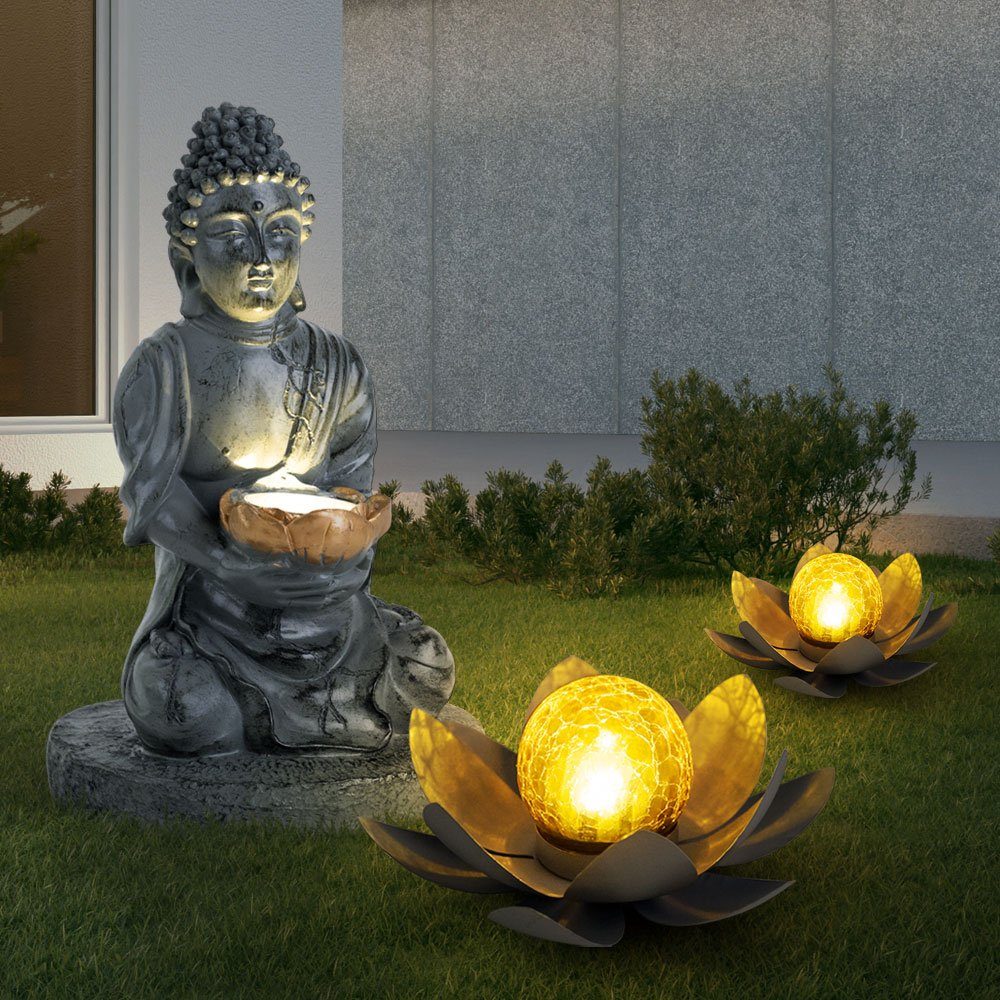 etc-shop Gartenleuchte, Leuchtmittel inklusive, Warmweiß, 3er Set LED Solar Steh Leuchten Feng Shui Buddha Garten Deko Lampen
