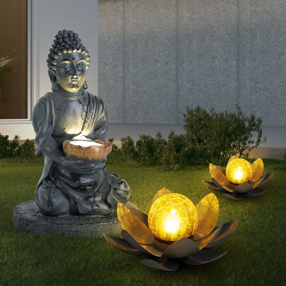 etc-shop Gartenleuchte, Leuchtmittel inklusive, Warmweiß, 3er Set LED Solar Lotusblüten Feng Shui Buddha Garten Deko Lampen