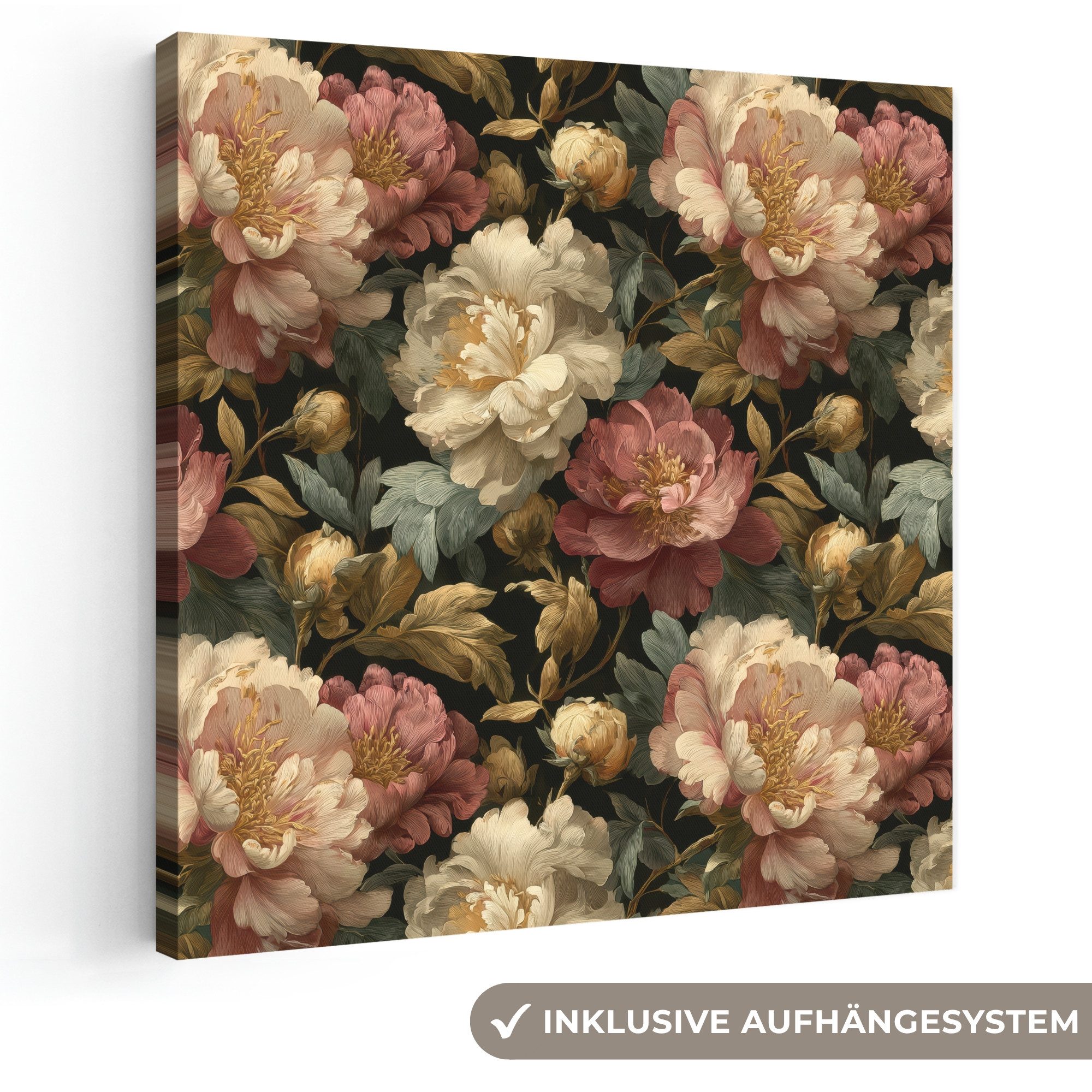 OneMillionCanvasses® Leinwandbild Blumen - Barock - Muster - Rosa - Creme, Fotodruck (1 St), Wandbild, Deko Schlafzimmer Wohnzimmer Flur 20x20 cm