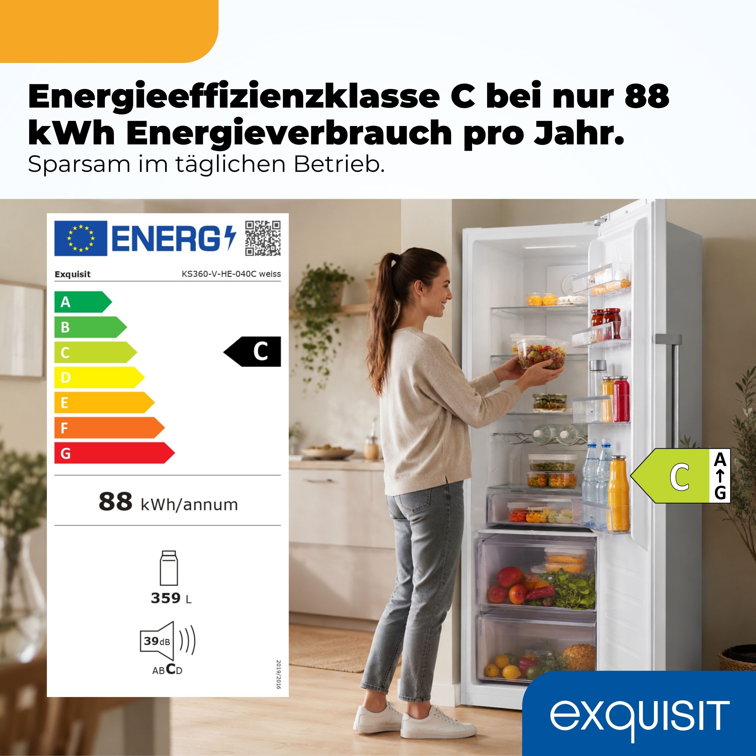 exquisit Kühlschrank KS360-V-HE-040C weiss, 185 cm hoch, 60 cm breit, Nie wieder abtauen: Vollraum-Kühlschrank mit No-Frost & LED