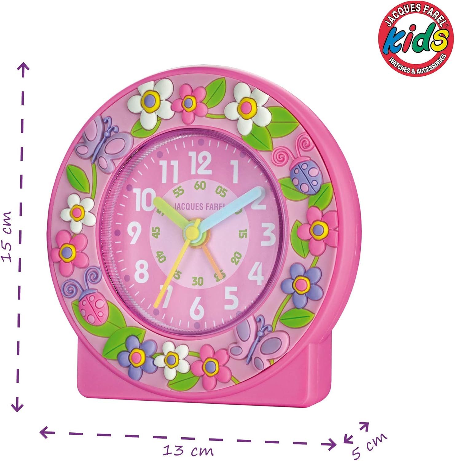 Jacques Farel Kinderwecker ACN313 Lernwecker Mädchen ohne Ticken rosa pink bunt Blumen Schmetterlinge