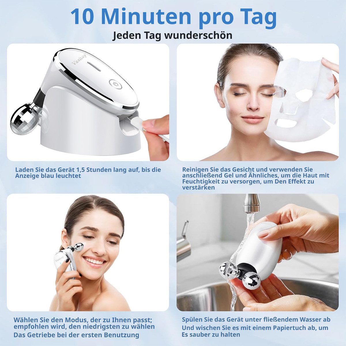 Vashoy Gesichtsmassagegerät Schönheitsapparat 5-in-1 Schönheitsgerät, 3 EMS-Stufen, Anti-Aging, Gua Sha Elektrisch mit 360° V-Roller mit Ultraschall-Vibration 1 – Bild 4 von 5