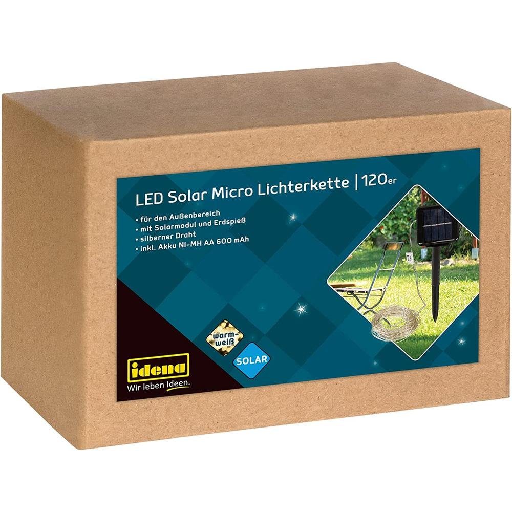 Idena LED-Lichterkette 120er, Solar Micro-LED, warmweiß, 12,4 m, mit Solarmodul und Erdspieß