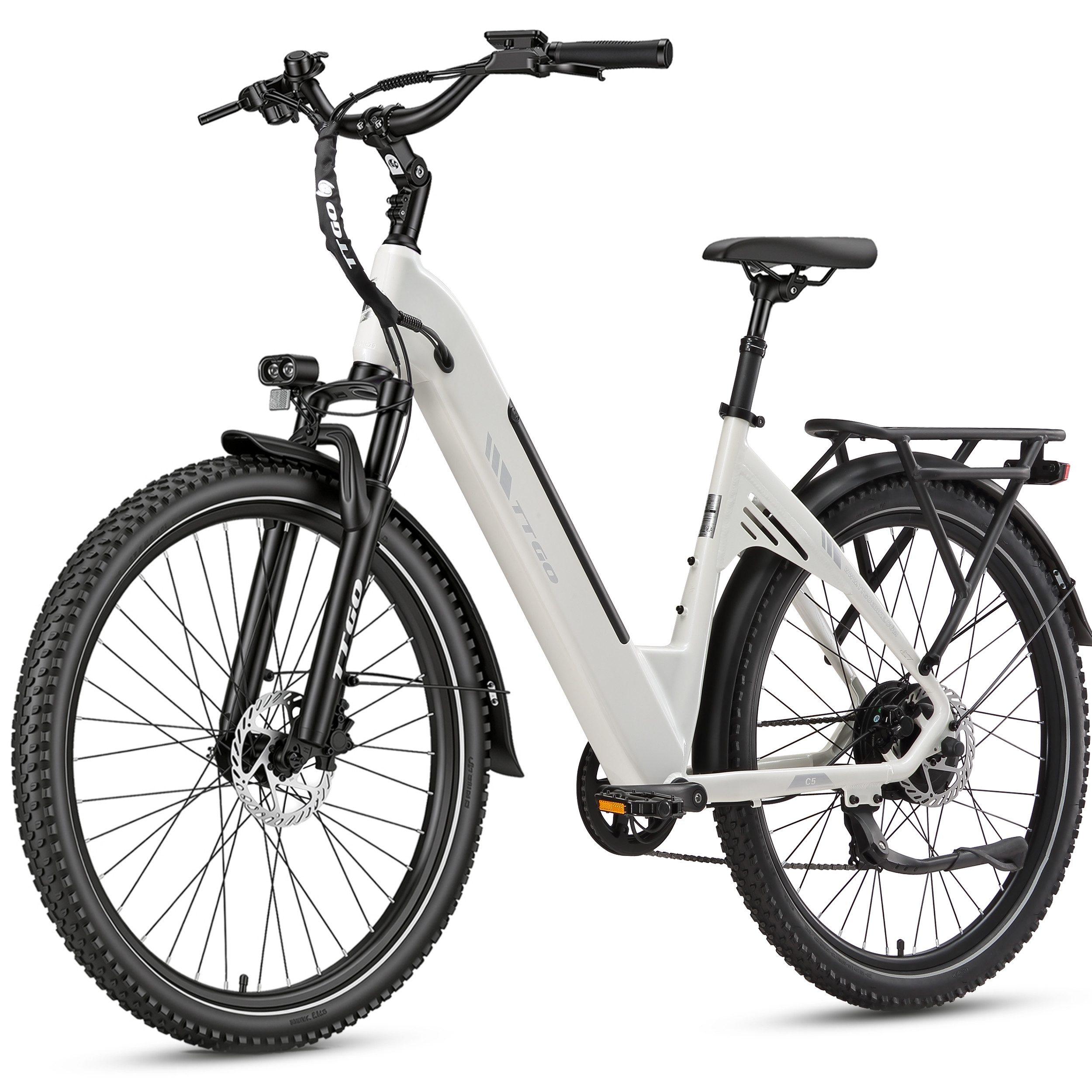 TTGO E-Bike Cityrad 28x2,4 Zoll, 110km, ZOOM Federsattelstütze, 70 Nm Hinterradmotor, C5, 7 Gang Shimano, Kettenschaltung, Heckmotor, 648 Wh, Tiefeinstieg, Pedelec, Elektrofahrrad, für Damen Herren, Hydr. Bremse