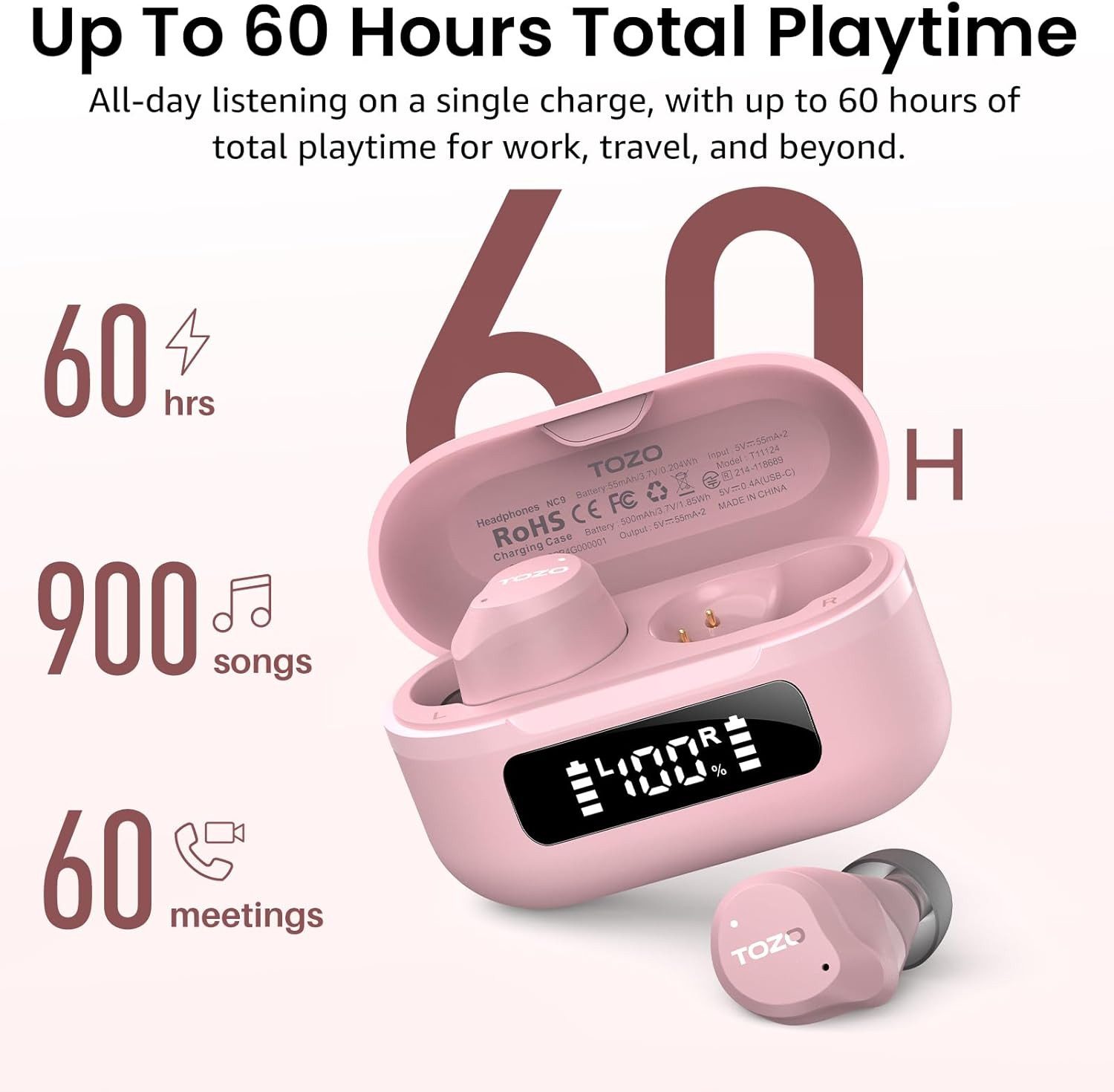 TOZO Bluetooth ANC 45dB Noise Cancelling, 60h Akku, IPX8 In-Ear-Kopfhörer (Sechs integrierte Mikrofone mit ENC Technologie garantieren kristallklare Anrufe selbst in lauten Umgebungen, Kabellose Audio mit 6 Mikrofonen ENC, Tiefbass, App EQ Modi)