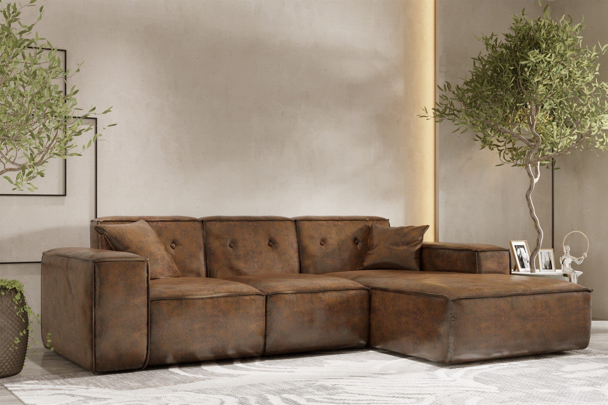 Fun Möbel Ecksofa Designersofa CESINA Vintage Look mit Ottomane, inkl. 2 Zierkissen, Rundumbezug