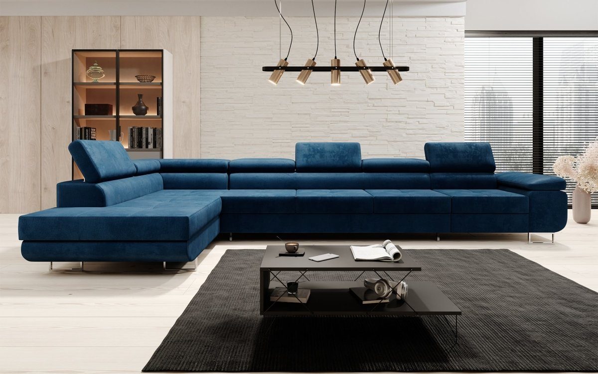 Luxusbetten24 Ecksofa Blau Stauraum Kopfstützen verstellbaren Maxi, Schlaffunktion, und inkl,