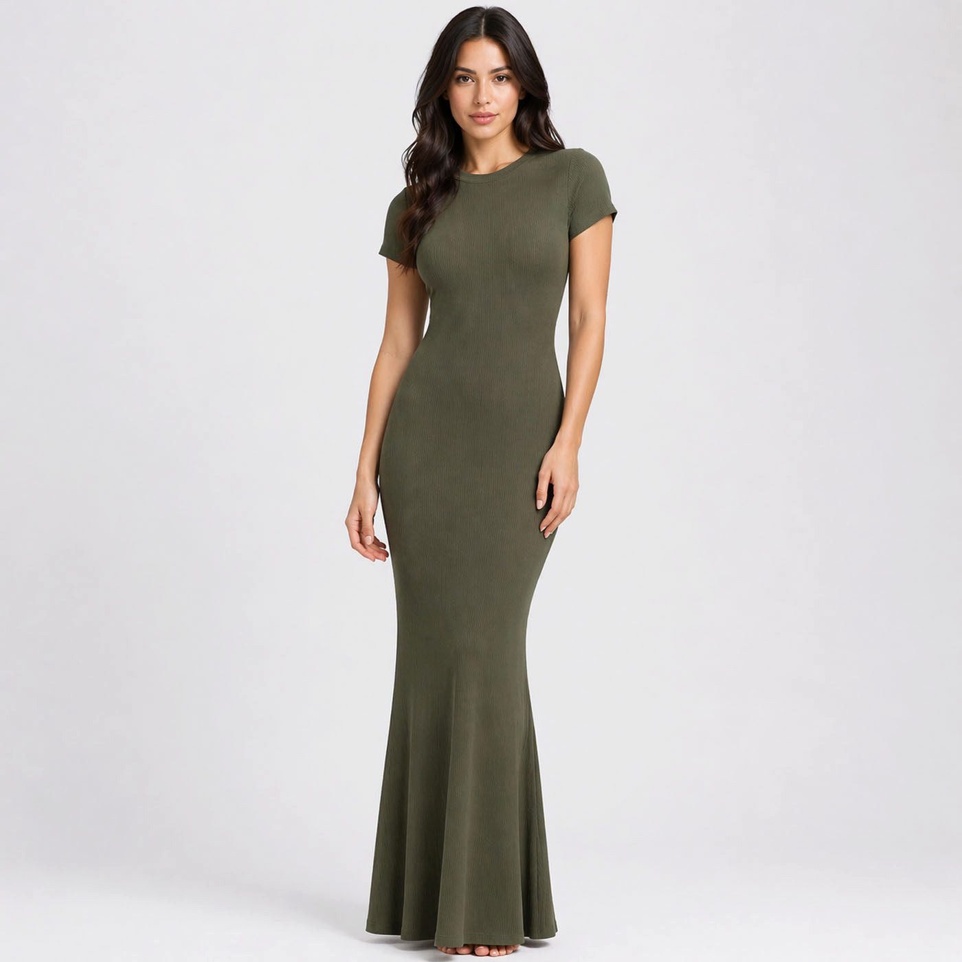 cfab (creamy fabrics) Jerseykleid Ribbed T-Shirt Maxikleid-Army Green-L (1-tlg)