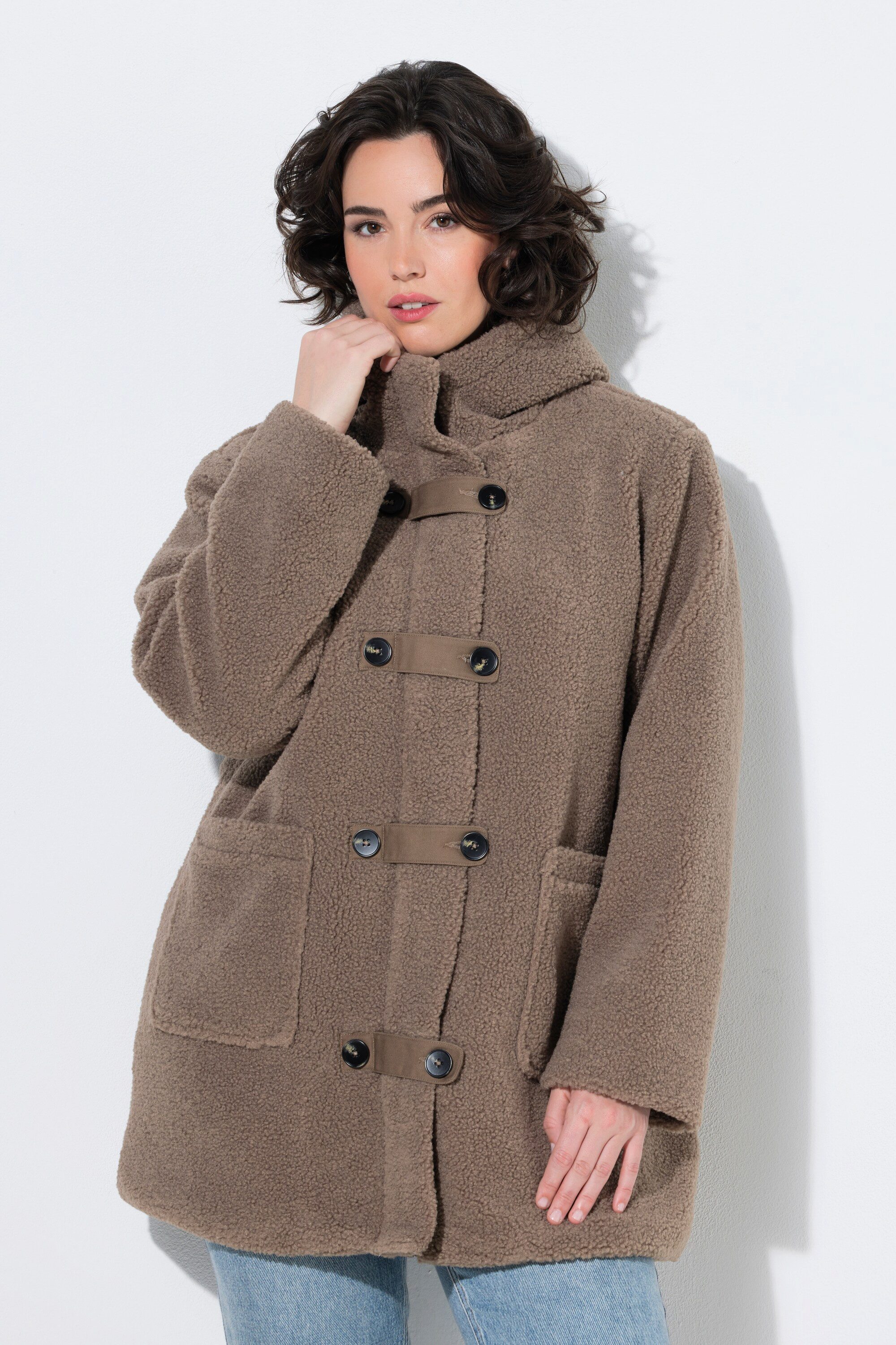 Ulla Popken Outdoorjacke Teddy-Jacke A-Linie Kapuze Knebelknöpfe