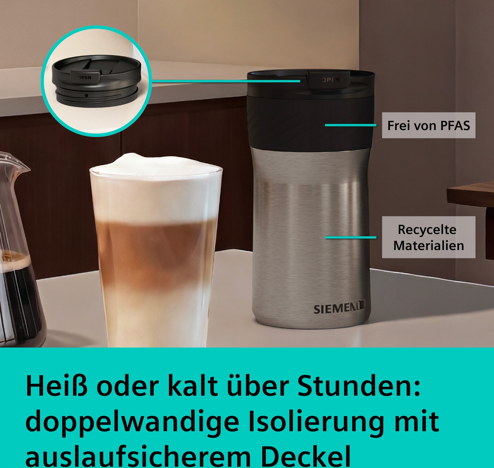 SIEMENS Thermobecher TZ40002, doppelwanding isoliert, für XL-Getränke, 480ml, auslaufsicher, spülmaschinenfest, frei von Blei, BPA und PFAS