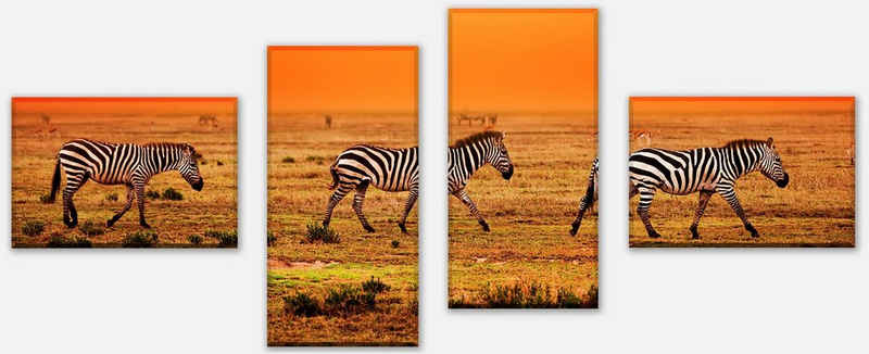 wandmotiv24 Mehrteilige Bilder Zebras in der Savanne, Landschaft (Set, 4 St), Wandbild, Wanddeko, Leinwandbilder in versch. Größen