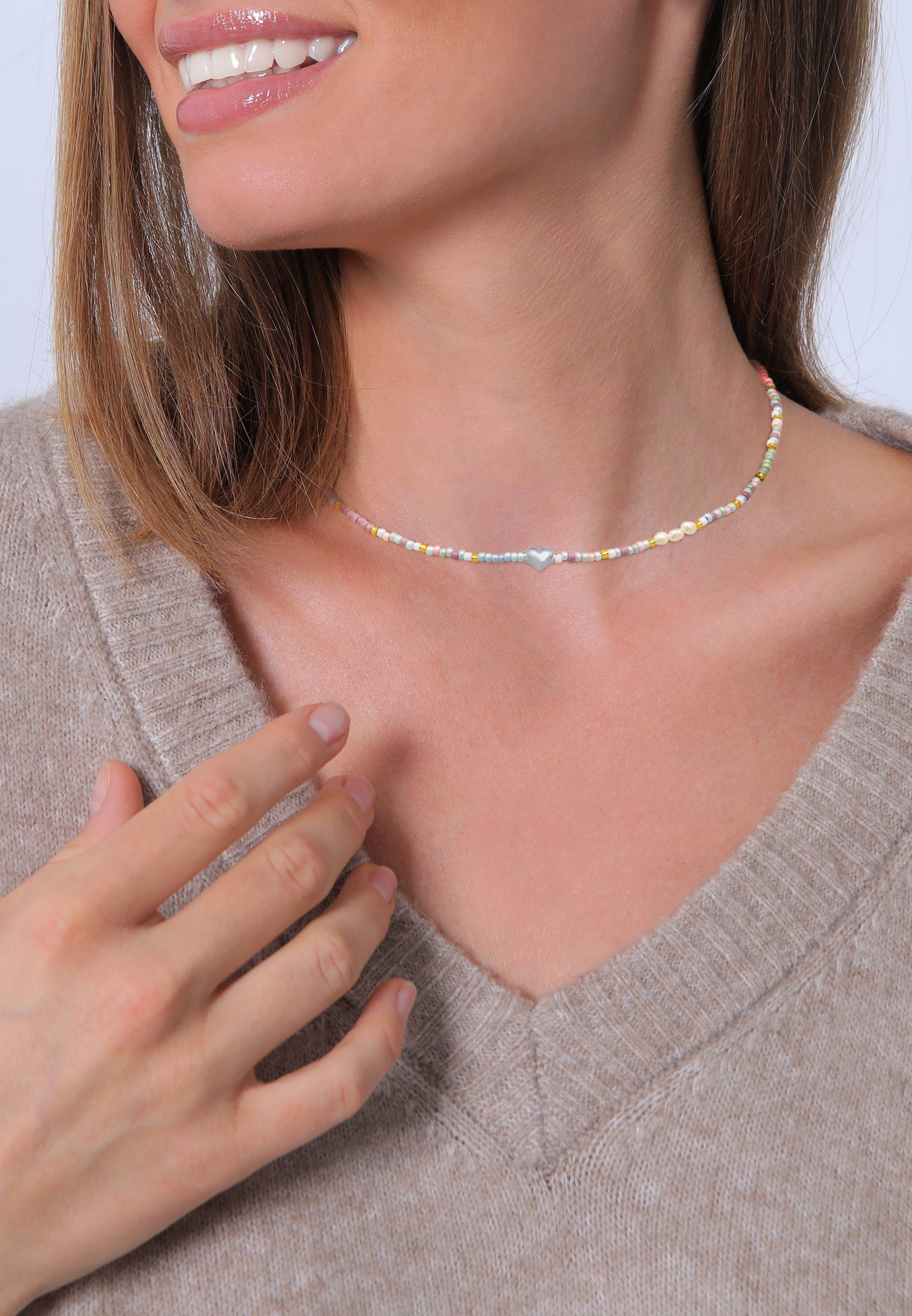 Elli Kette Style 925 Silber, Anhänger Sommer mit Choker Glas Herz Herz Beads