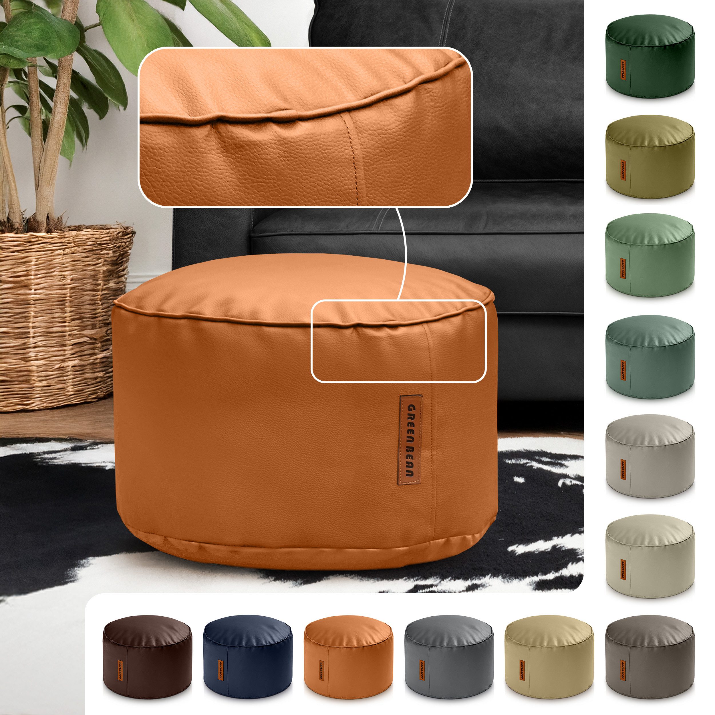 Green Bean Pouf Sitzsack-Hocker Kunstleder Stay rund (Indoor / Outdoor, abwaschbarer Oberfläche & EPS Perlen Füllung, Sitzwürfel Sitzkissen Hocker Sitzhocker), die ideale Ergänzung zum Sitzsack