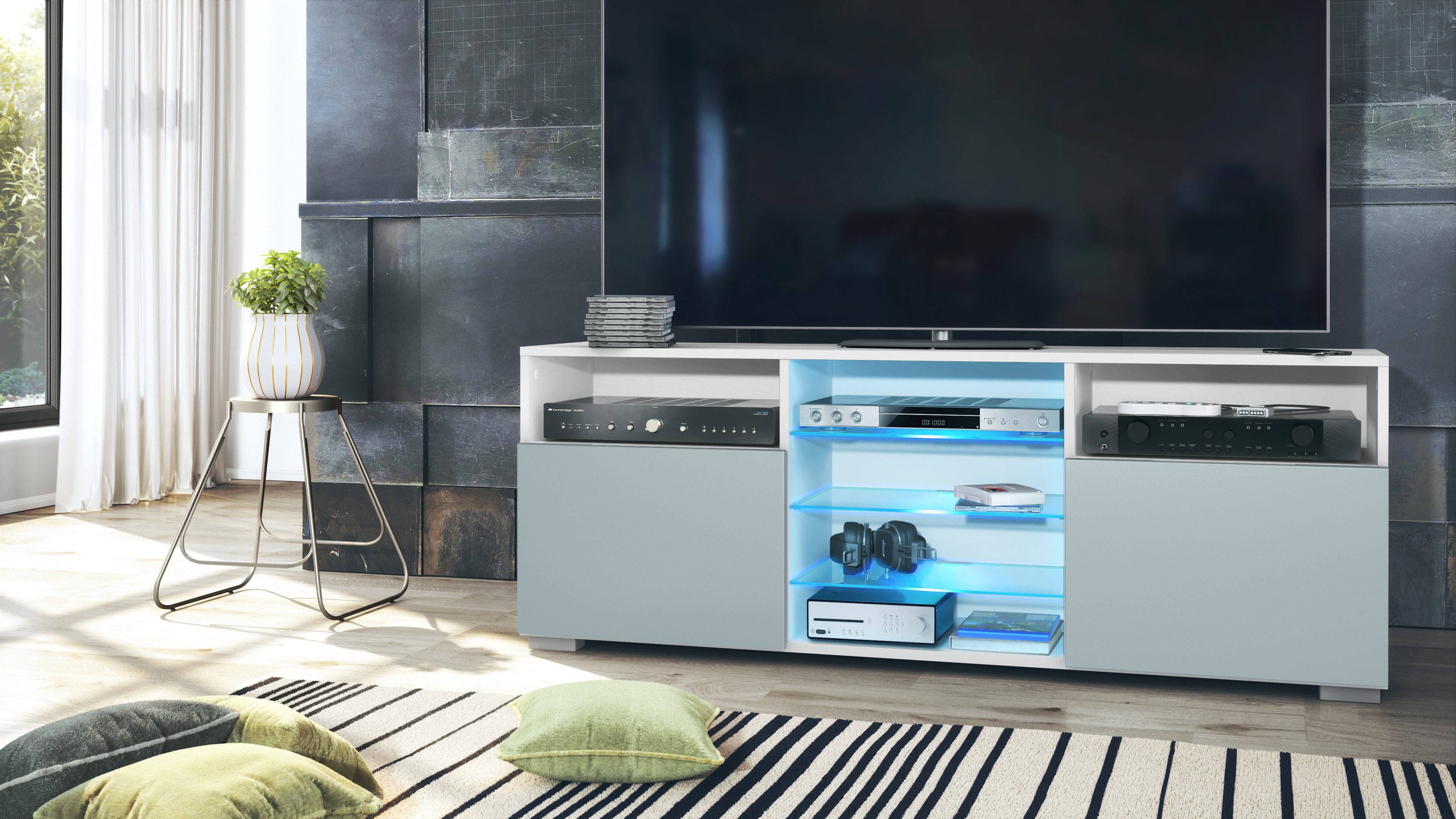 Vladon Lowboard Granada (TV-Kommode, mit 2 Türen und 6 offenen Fächern), Weiß matt, Denim matt