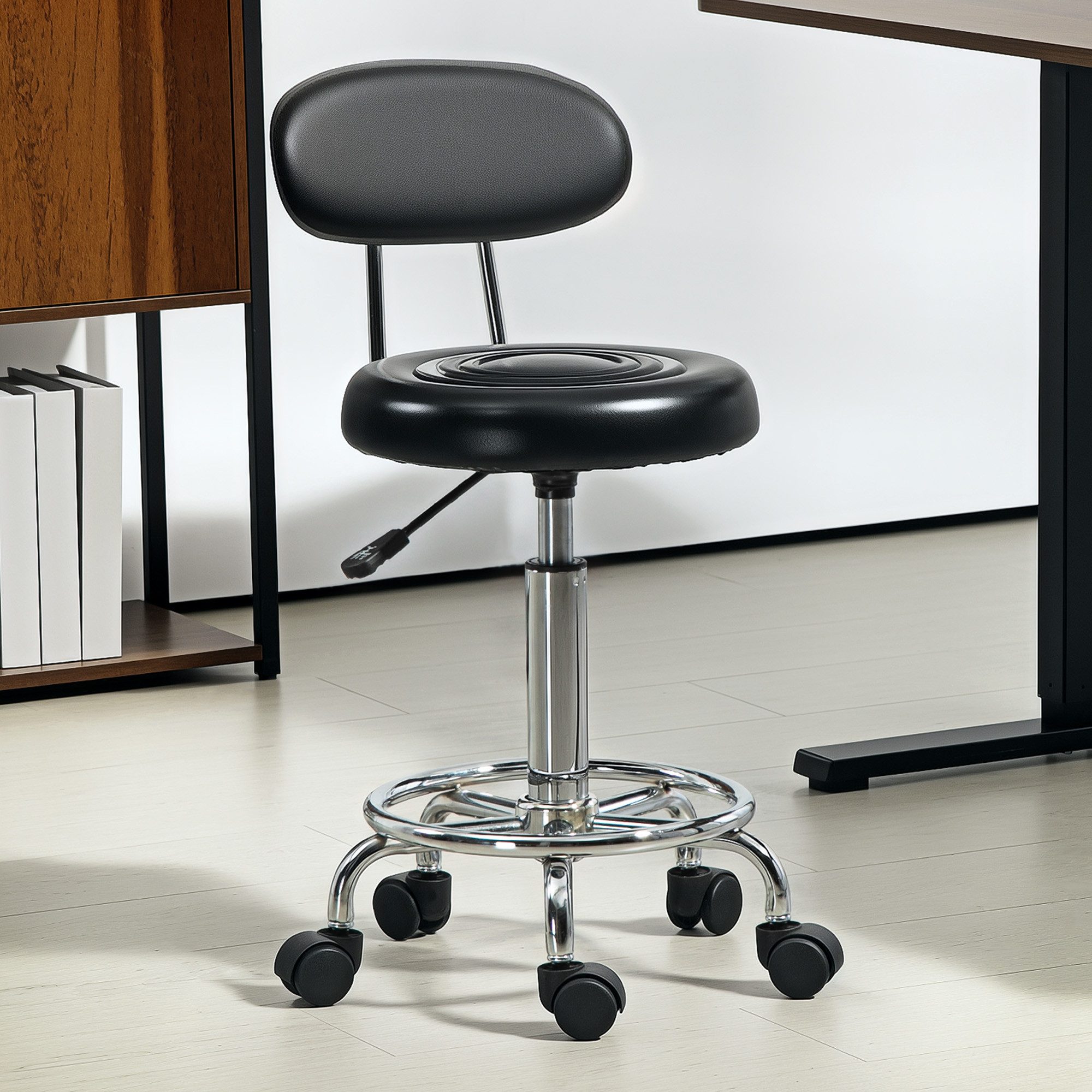 HOMCOM Drehhocker Rollhocker höhenverstellbar Drehbar Salon Hocker mit Lehne (Arbeitshocker, 1 St., Bürohocker), für Büro, Schwarz