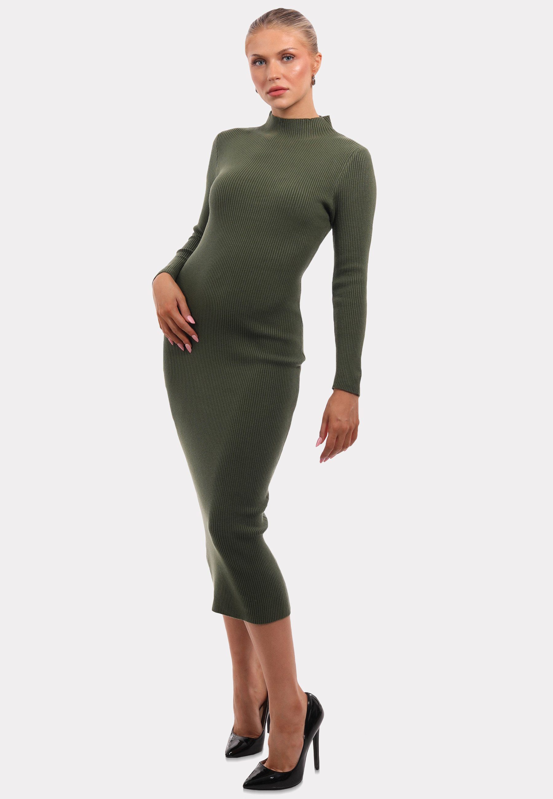 KNIT Style Strickkleid Stehkragen mit khaki Strickkleid Unifarbe DRESS Fashion YC & in (1-tlg)