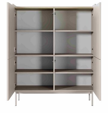 Furnix Highboard Rebeca Kommode mit vier Türen und Metallbeine elegant Beige, 8 geräumige Fächer, Design & Funktionalität