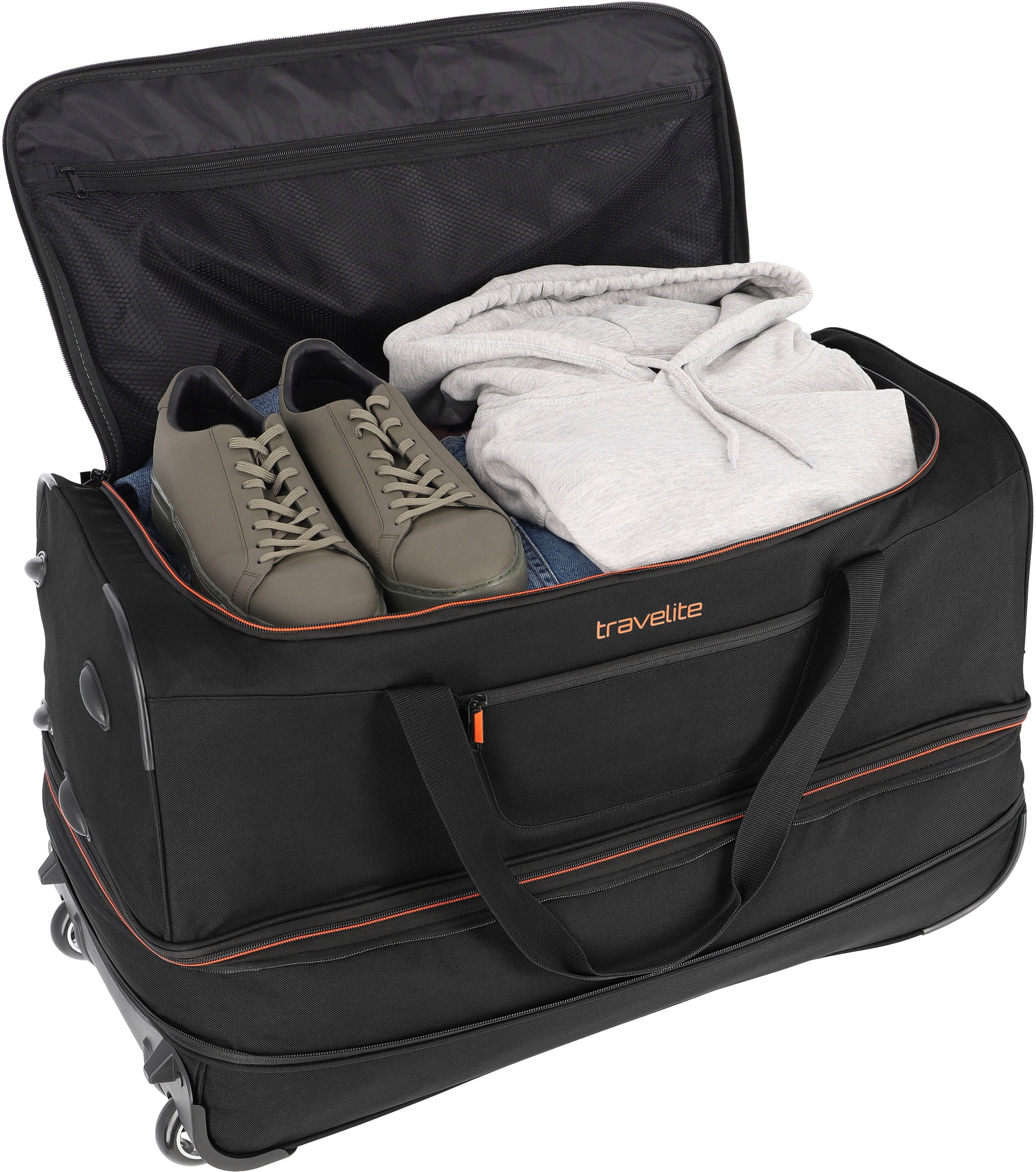 Reisetasche und schwarz-blau Basics, Volumenerweiterung mit travelite 70 Trolleyfunktion cm,