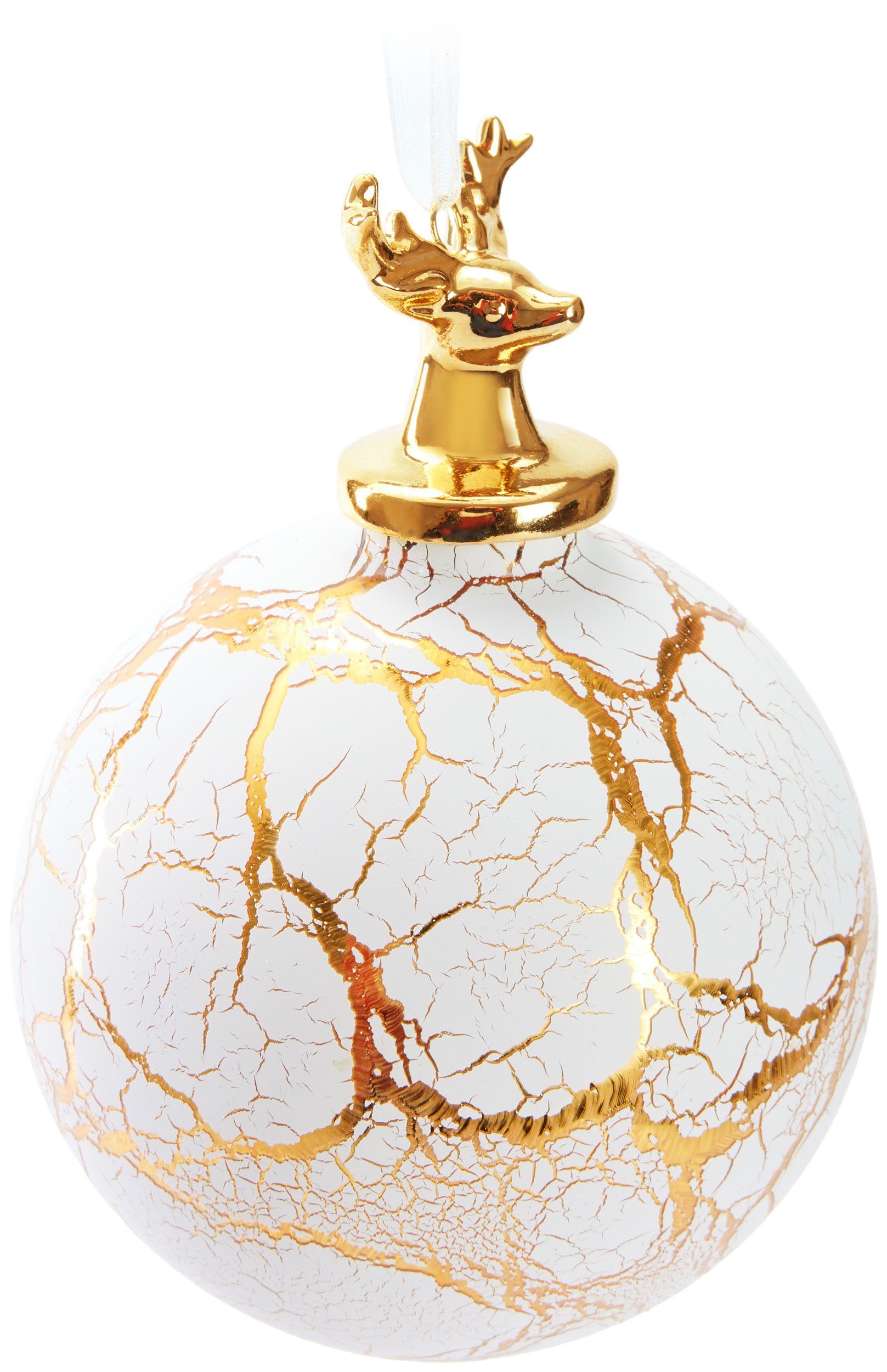 BRUBAKER Weihnachtsbaumkugel Premium Weihnachtskugel Hirsch auf Marmor Kugel Weiß Gold (1 St), 10 cm Baumkugel mit Hirschkopf Figur - Glas Dekoration in Marmor-Optik