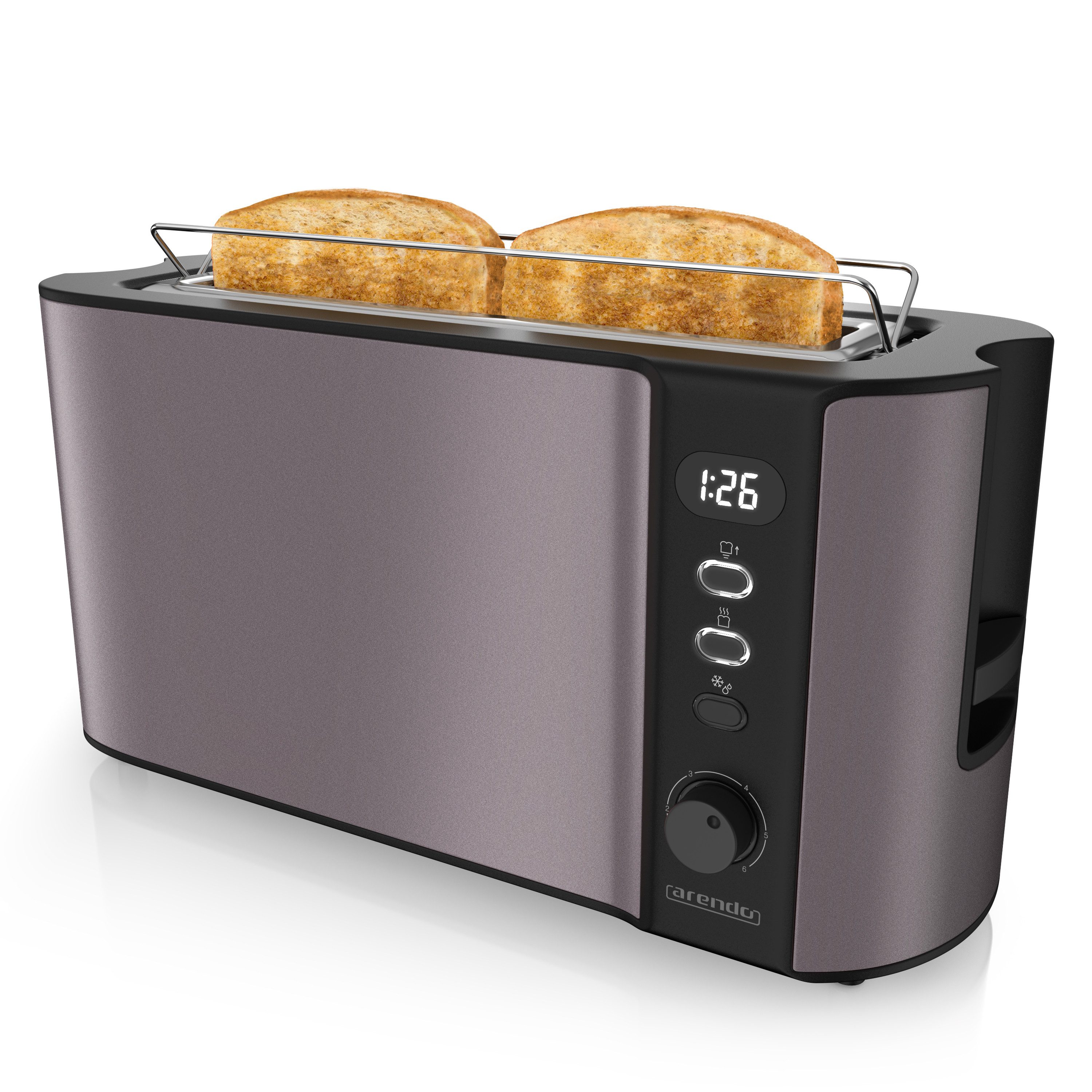 Arendo Toaster Edelstahl, Langschlitz, Display mit Restzeitanzeige, Brötchenaufsatz, 1 langer Schlitz, für 2 Scheiben, 1000 W, Defrost Funktion, Wärmeisolierendes Gehäuse, Krümelschublade