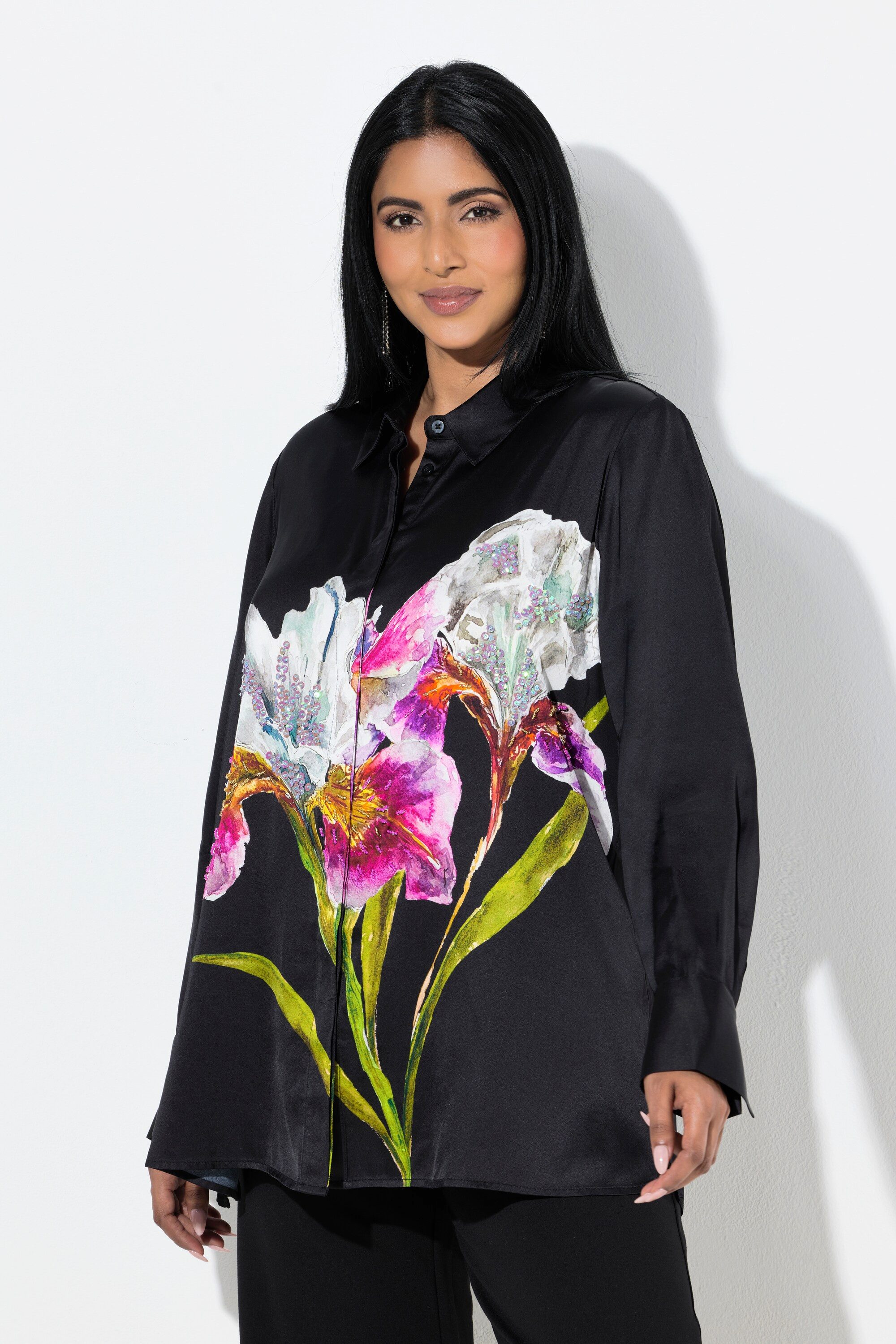 Hemdbluse Satinbluse Perlen A-Linie Hemdkragen Langarm