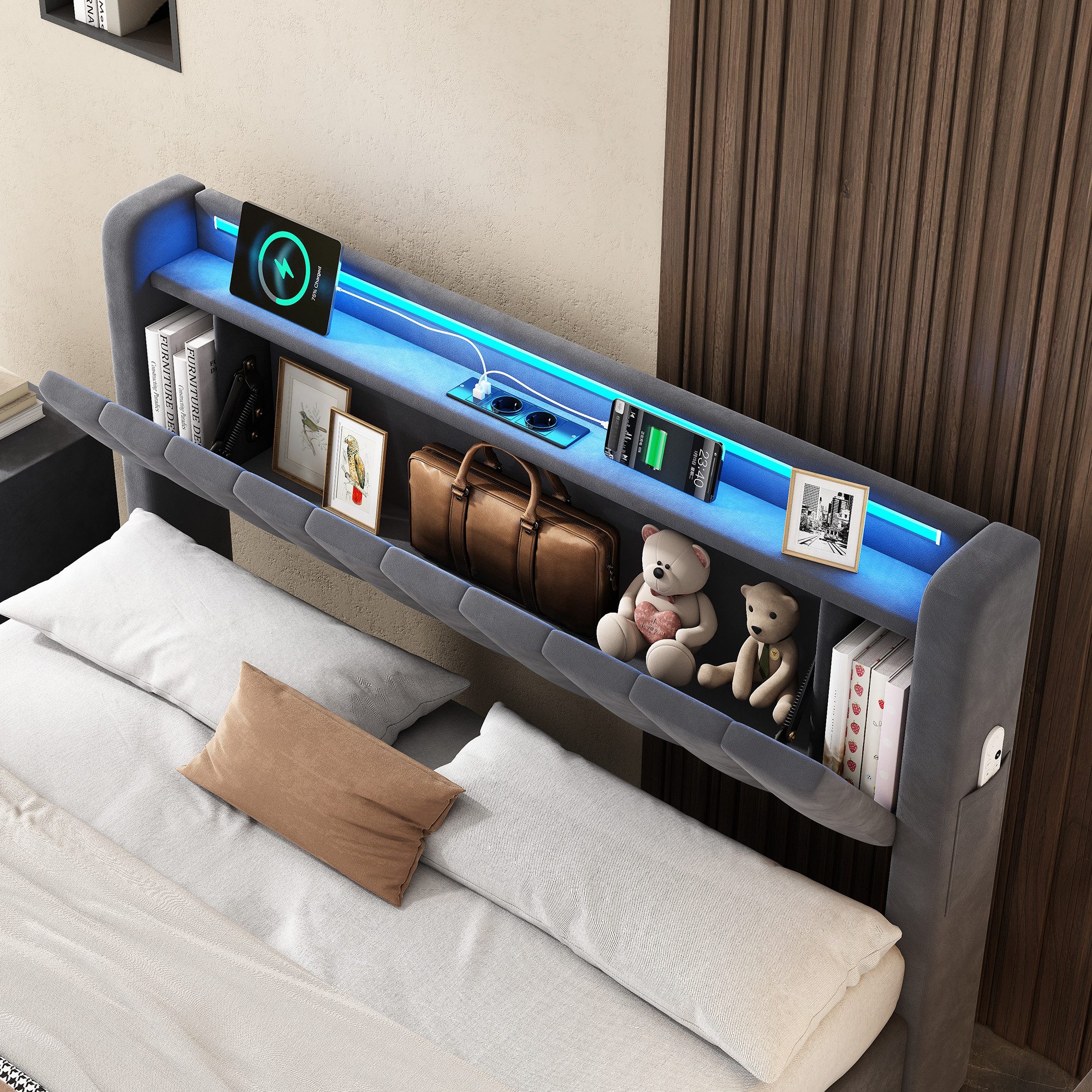 REDOM Polsterbett Hydraulisches Bett mit LED-Beleuchtung & USB-Ladestation (Funktionsbett, 1-tlg., 140x200 cm, inkl. Stauraum, Kopfteilregal & Samtbezug), Für e – Bild 4 von 5