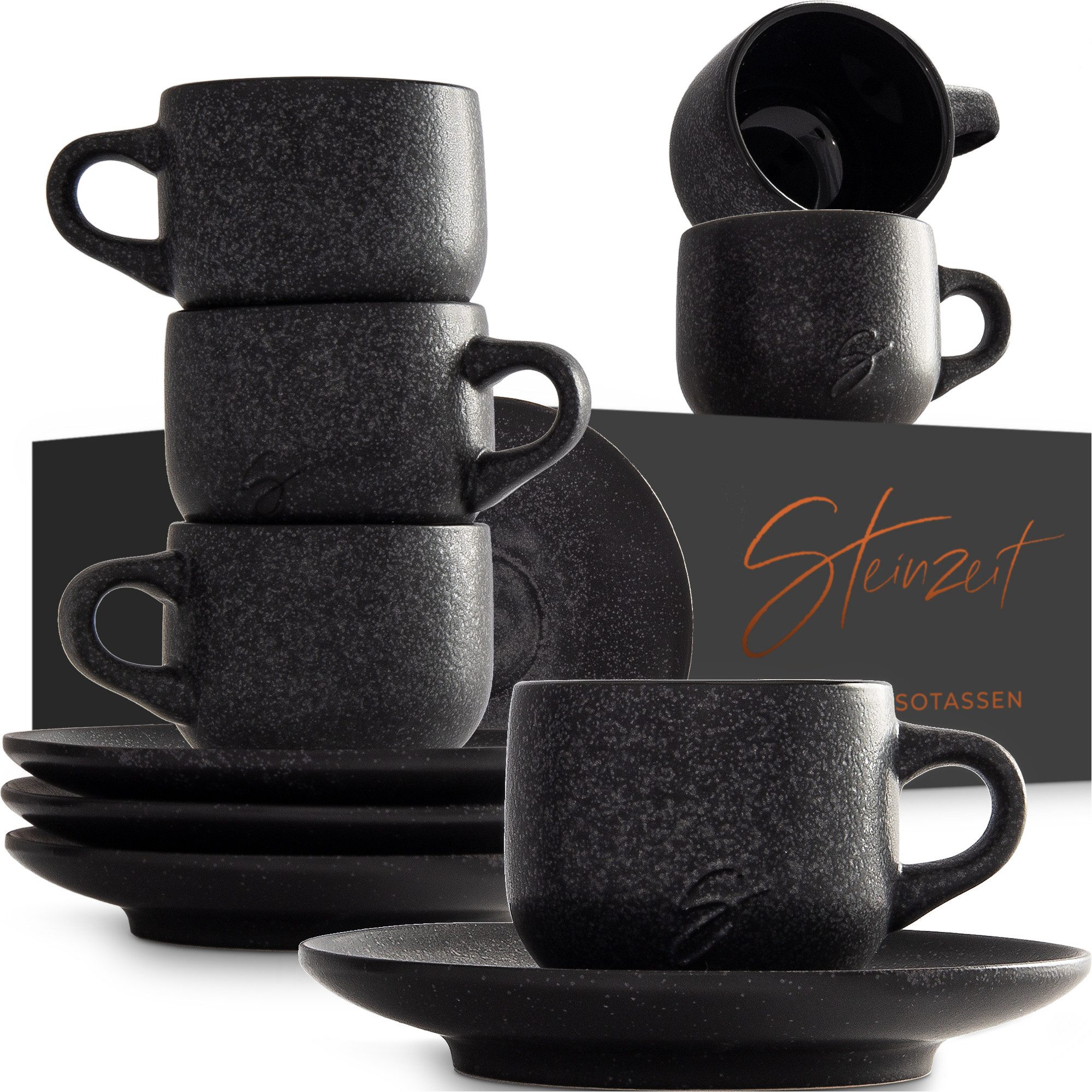 Steinzeit Espressotasse (6x80ml) - Espressotassen Set mit Untertassen - 100% Handfertigung, - spülmaschinenfest - stapelbar