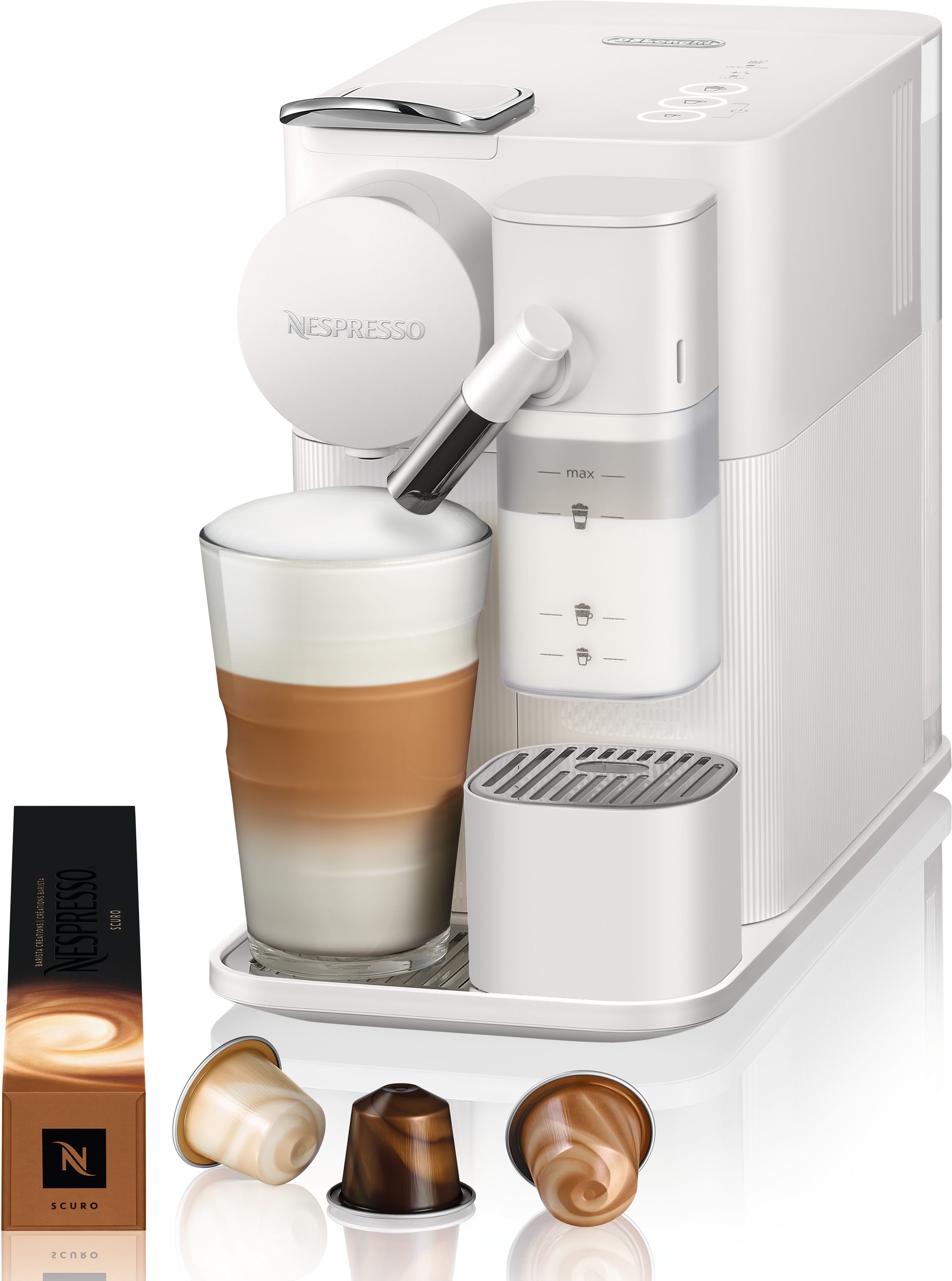 Nespresso Kapselmaschine One EN510.W Lattissima DeLonghi, Willkommenspaket inkl. 7 mit White, Kapseln von