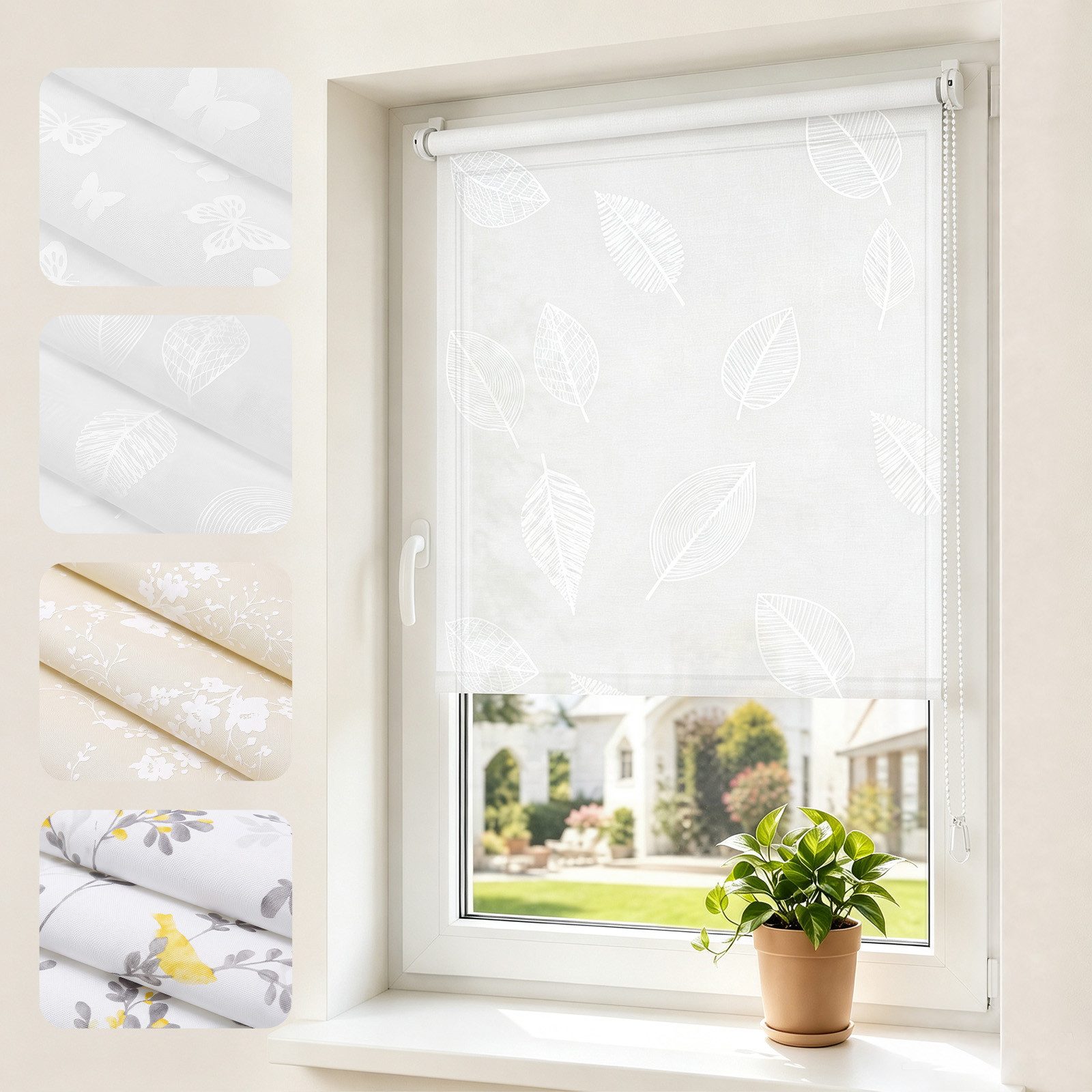 Rollo Seitenzugrollo Rollo ohne Bohren blickdicht Sichtschutzrollo, Sekey, Klemmfix, Klemmfix, Trendiges Rollo Lichtdurchlässig mit Blatt weiss – NEUHEIT