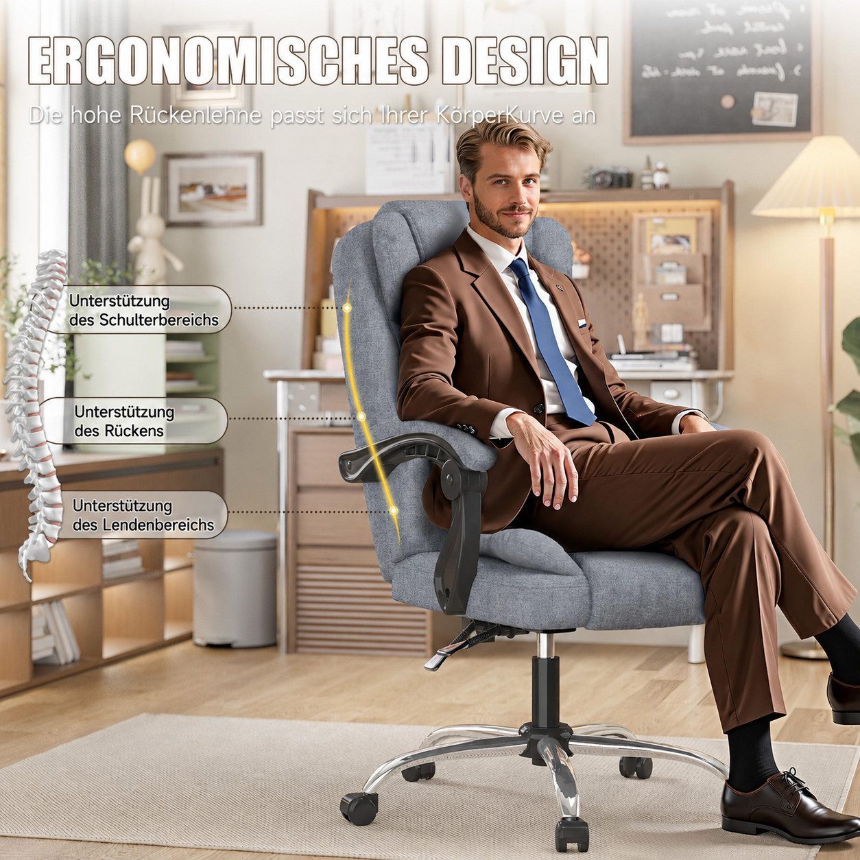 ZAISZE Chefsessel Bürostuhl, Ergonomischer Bürostuhl, Stoff Schreibtischstuhl (Hohe Rückenlehne Ergonomische Liege mit Kippfunktion 360° Drehbarer Schreibtischstuhl, Gaming Stuhl mit dickem Kissen), Chefsessel Drehstuhl, Höhenverstellbar für Zuhause und Arbeit