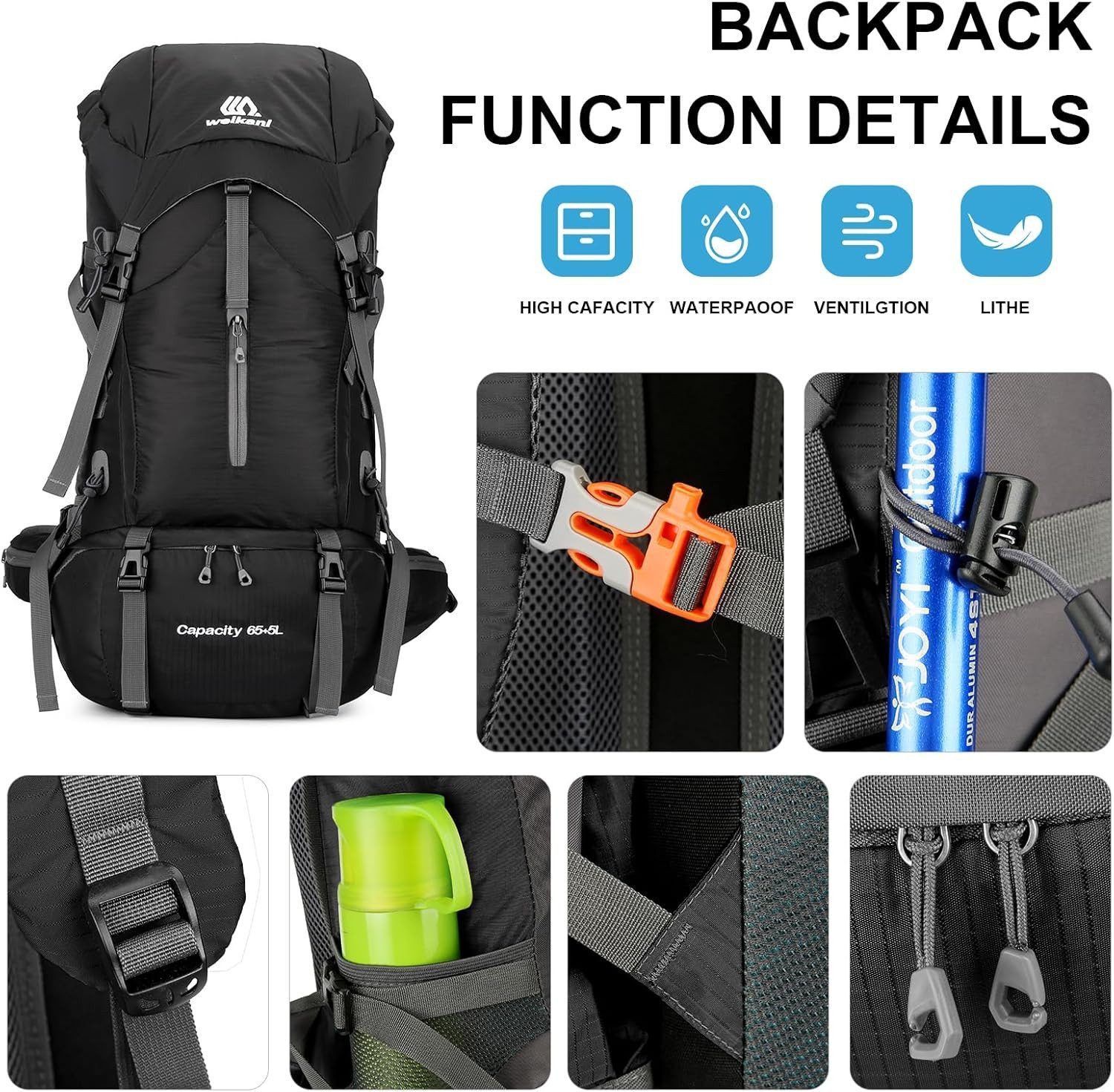 Toomoke Tourenrucksack Wanderrucksack 70L,Oxford Rucksack,Reiserucksack Camping Rucksack (Trekkingrucksack für Wandern, Klettern, Reisen Sport, mit Regenhülle, wasserfest & belüftetem Rücken), Separatem Schuhfach, wasserdicht, ultraleicht und reißfest