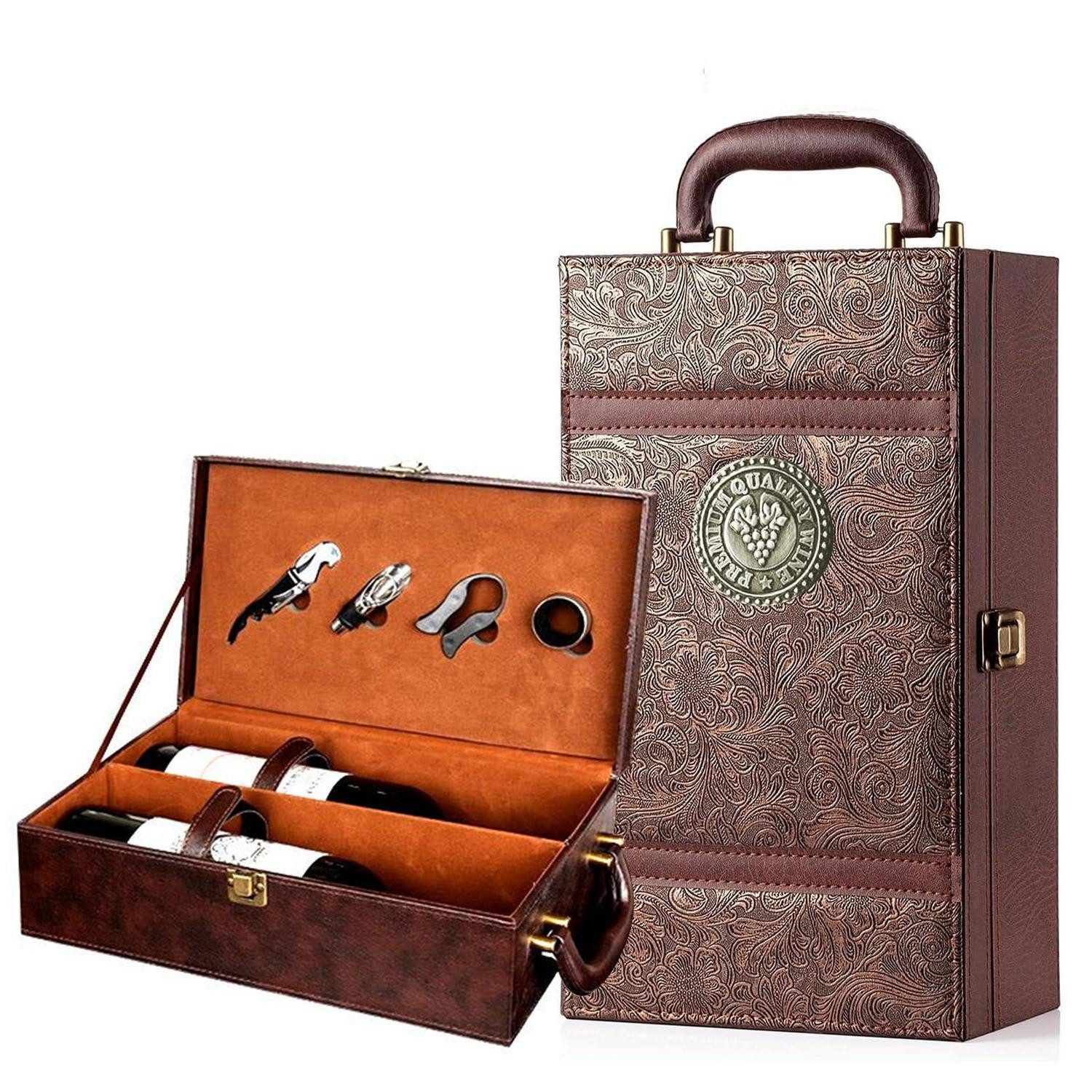 LuxusKollektion Weinkiste Weinkoffer für 2 Flaschen mit Zubehör Vintage Braun